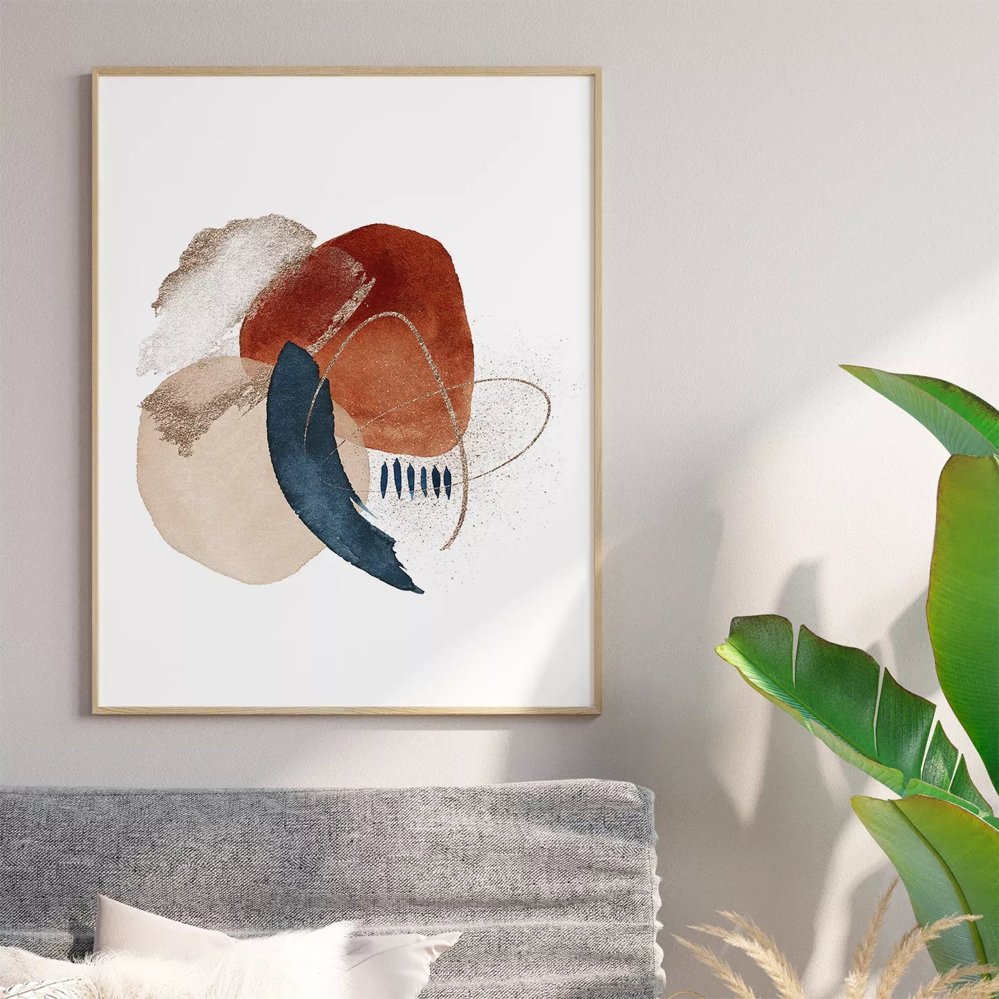 和モダン水彩画抽象サークルアート、ネイビーとテラコッタの3点セット