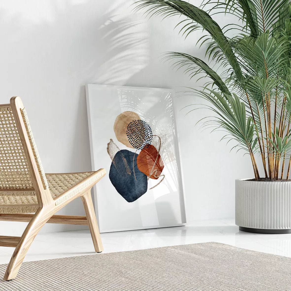 和モダン水彩画抽象サークルアート、ネイビーとテラコッタの3点セット