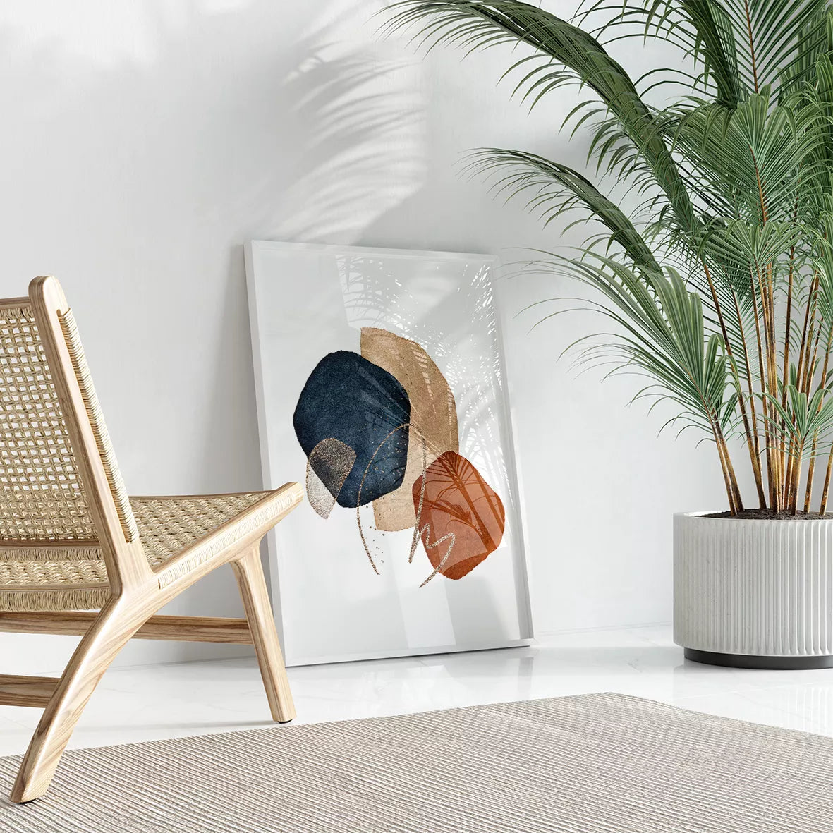 和モダン水彩画抽象サークルアート、ネイビーとテラコッタの3点セット