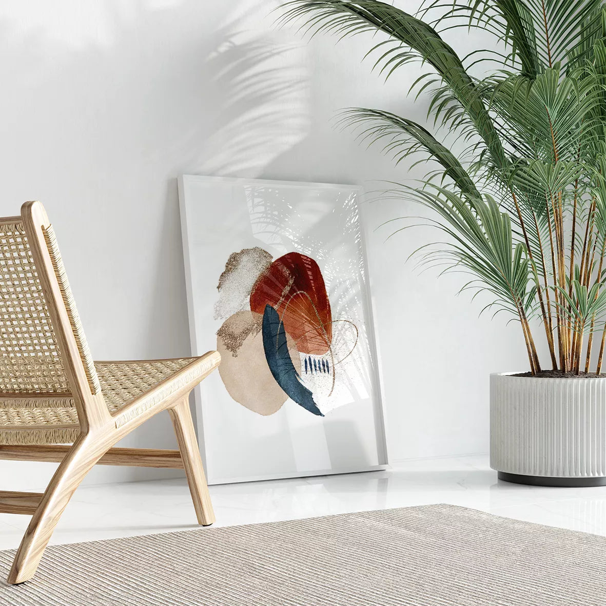 和モダン水彩画抽象サークルアート、ネイビーとテラコッタの3点セット