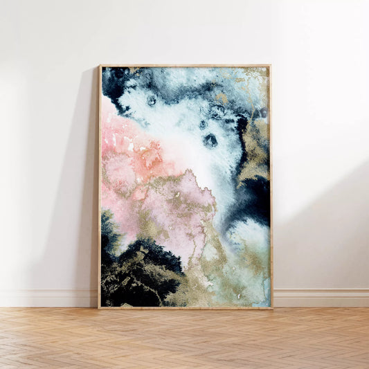 抽象的な水彩画風アート ピンクとブルーのグラデーション 金箔風デザイン