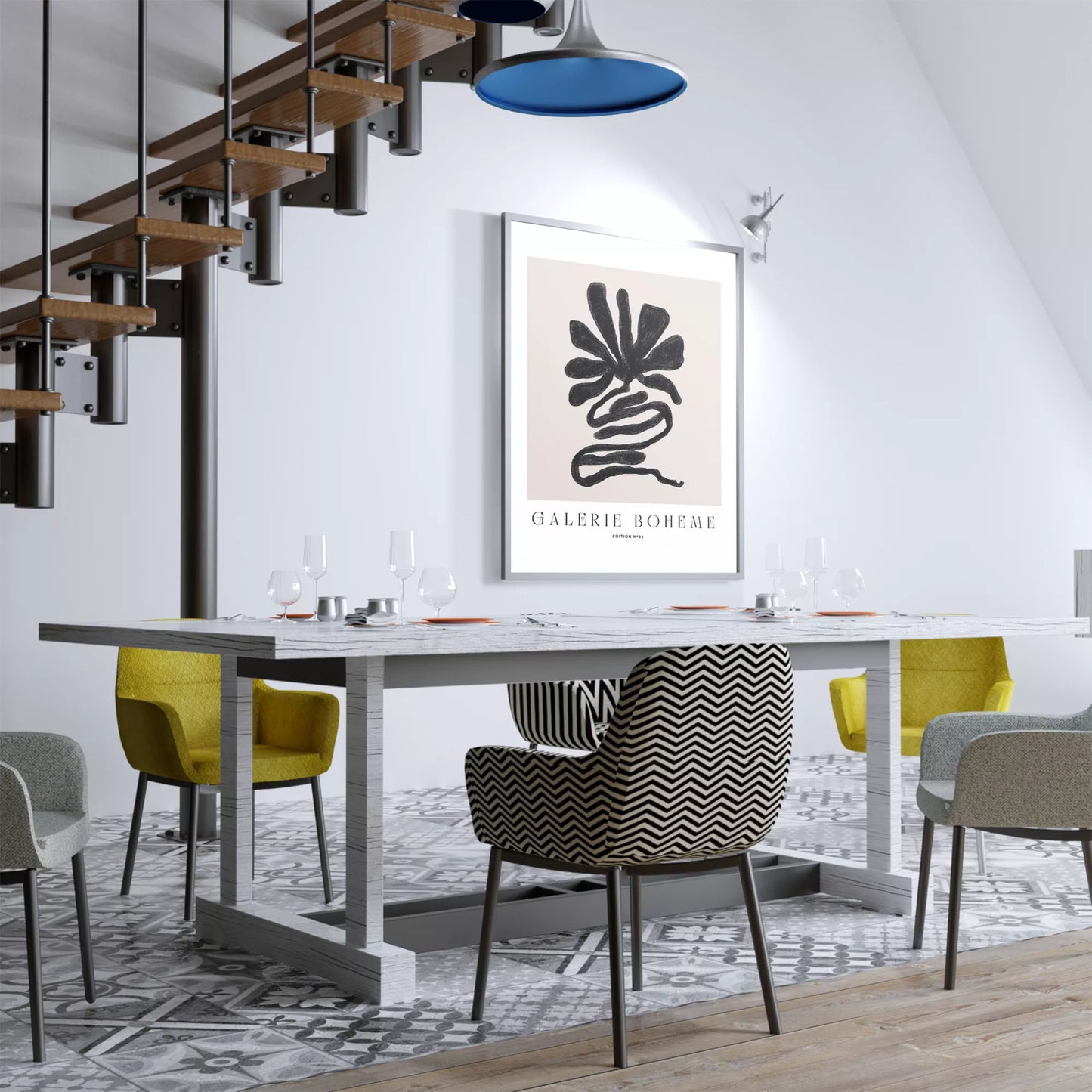 抽象的な黒い花のようなデザインのモダンなアートポスター