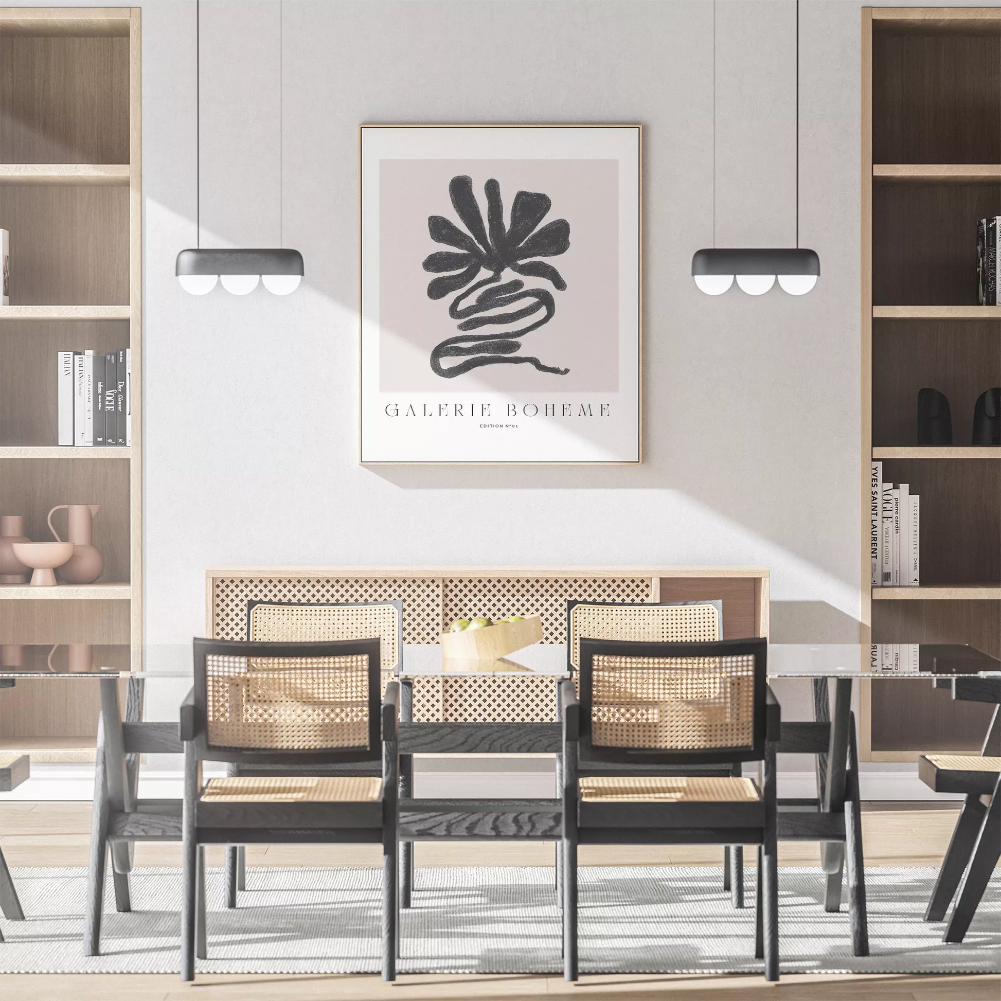 抽象的な黒い花のようなデザインのモダンなアートポスター