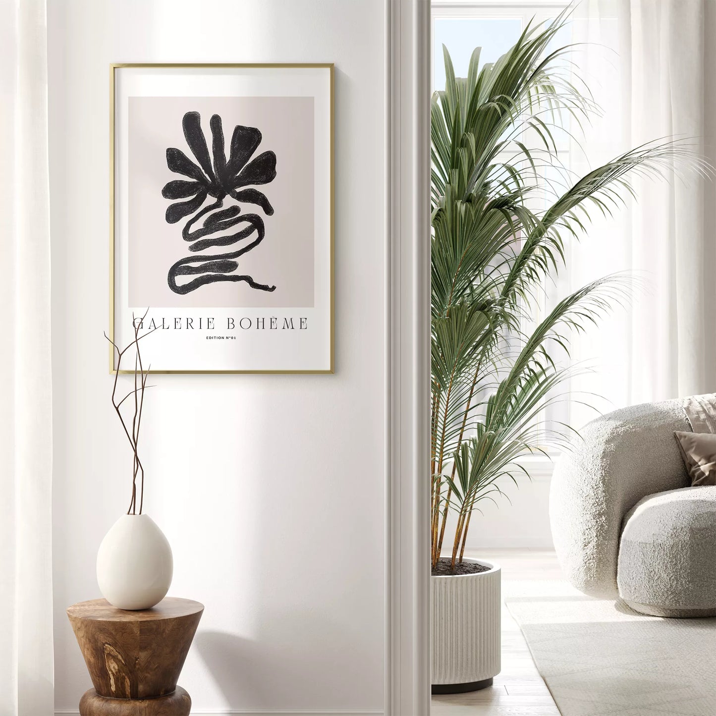 抽象的な黒い花のようなデザインのモダンなアートポスター