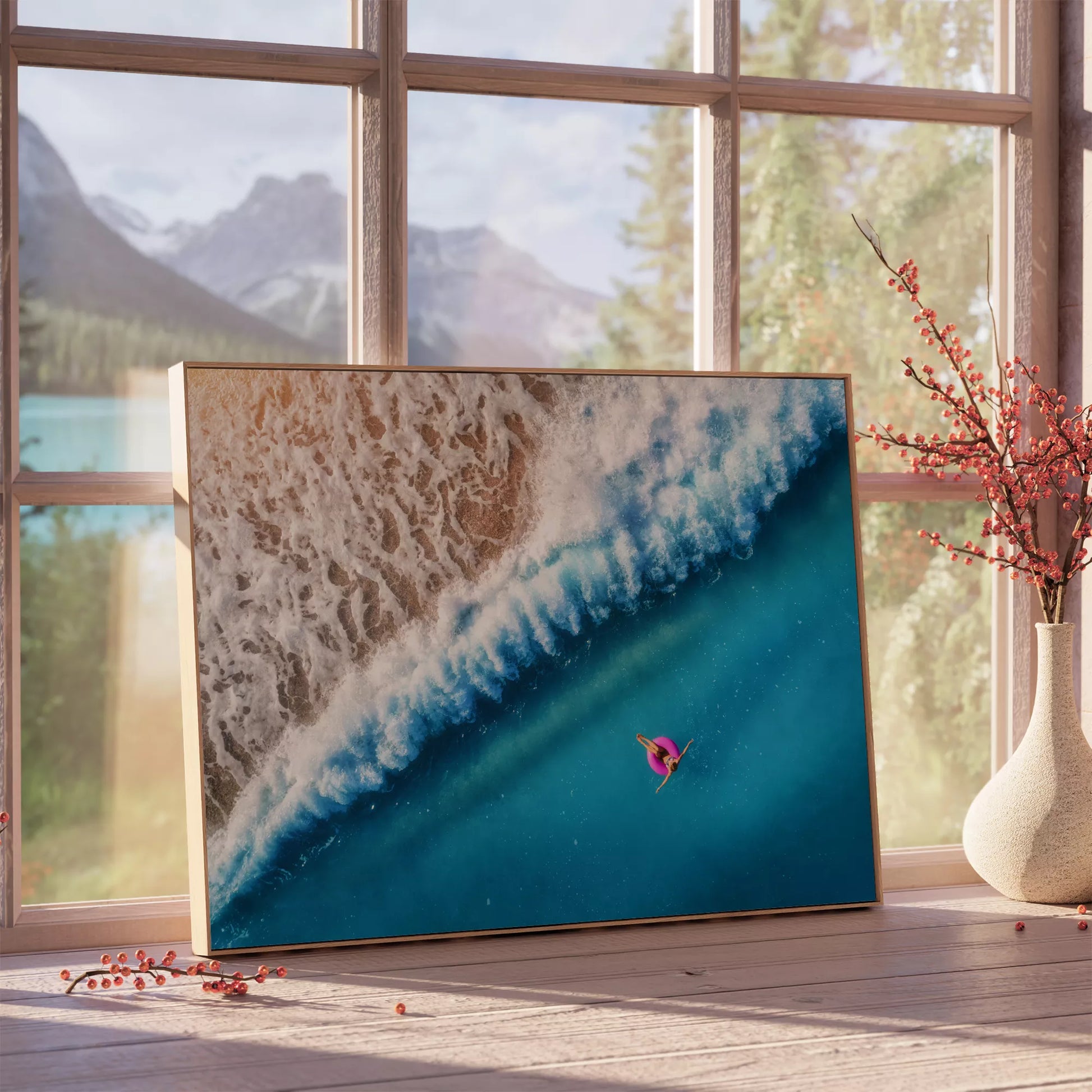 ターコイズブルーの海と波しぶき、ピンクの浮き輪のある空撮アート