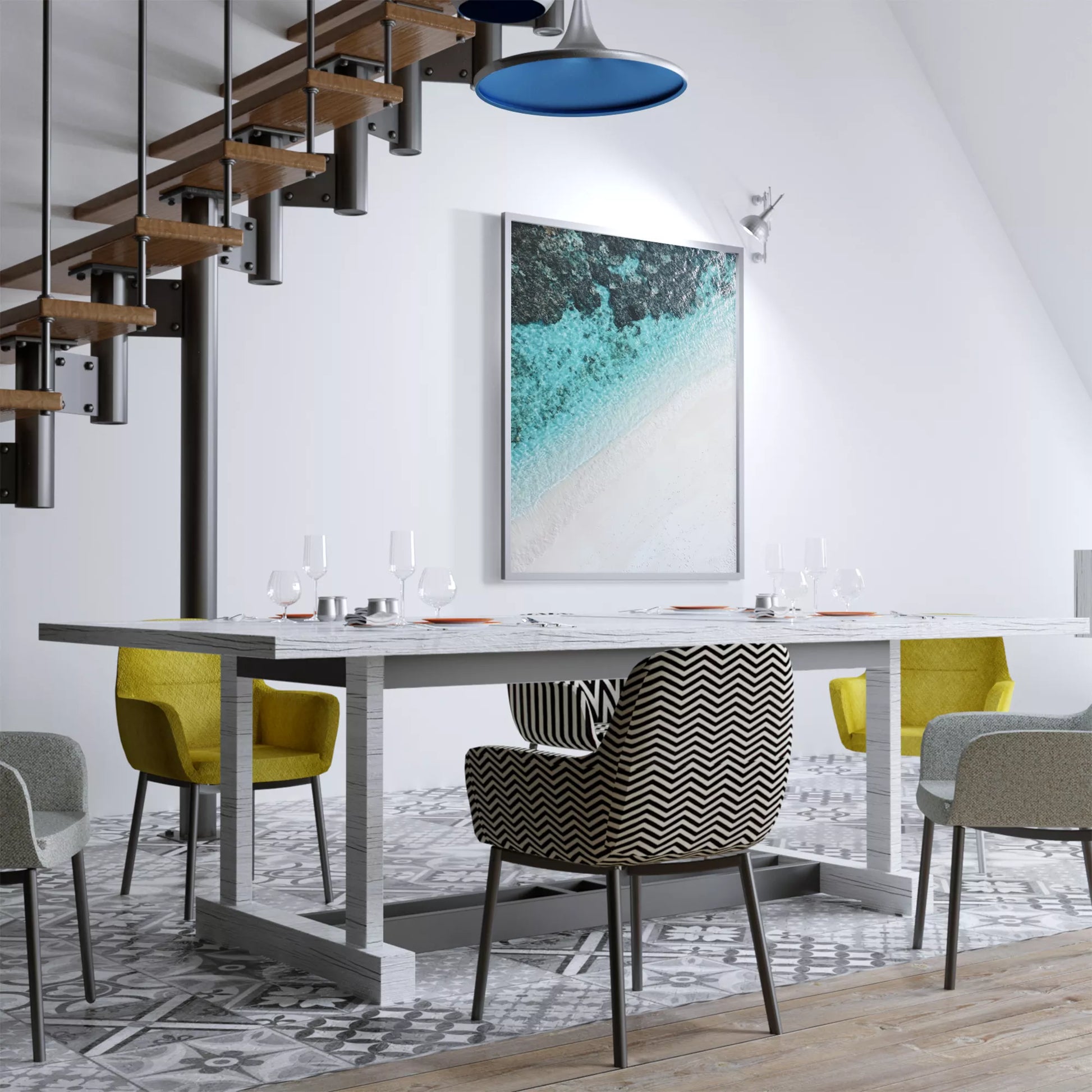 空撮で撮影された白い砂浜とターコイズブルーの海が織りなす美しいグラデーション。深い青から透明な水へと変化する海の色彩と、真っ白な砂浜のコントラストが印象的なアート写真。