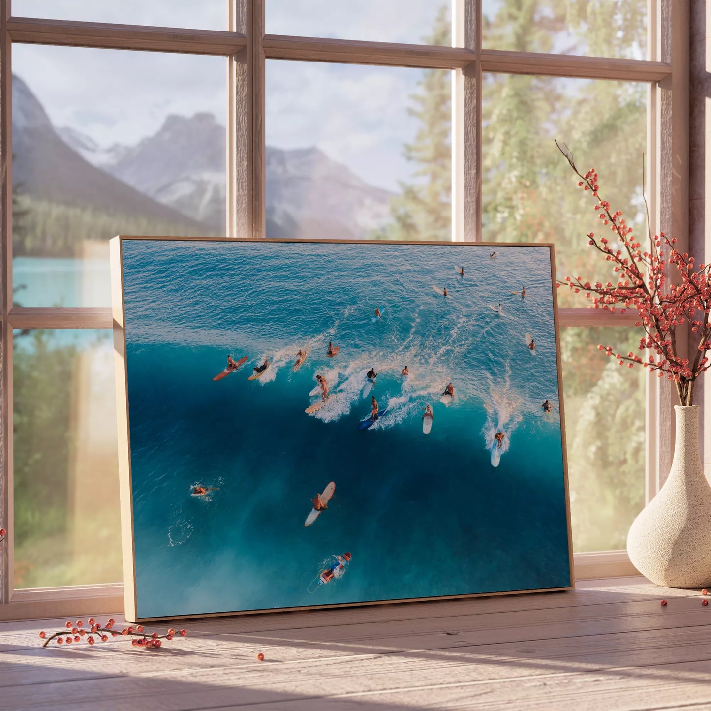 青い海でサーフィンを楽しむサーファーたちの空撮写真