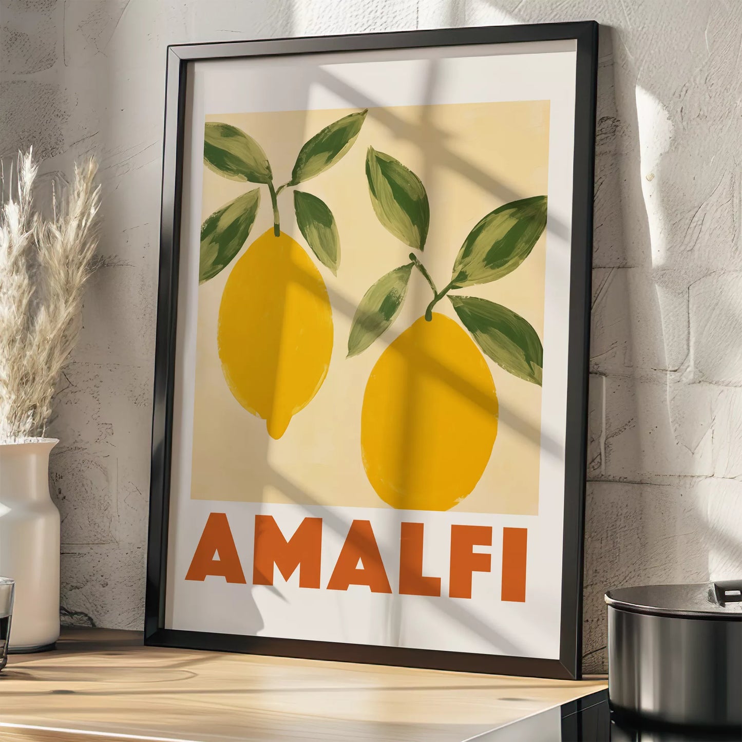 アマルフィコーストの黄色いレモン2つとグリーンの葉のボタニカルアート