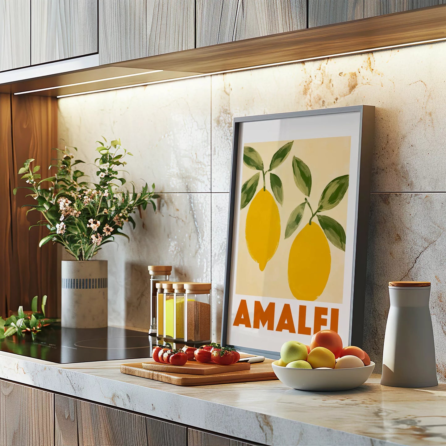 アマルフィコーストの黄色いレモン2つとグリーンの葉のボタニカルアート