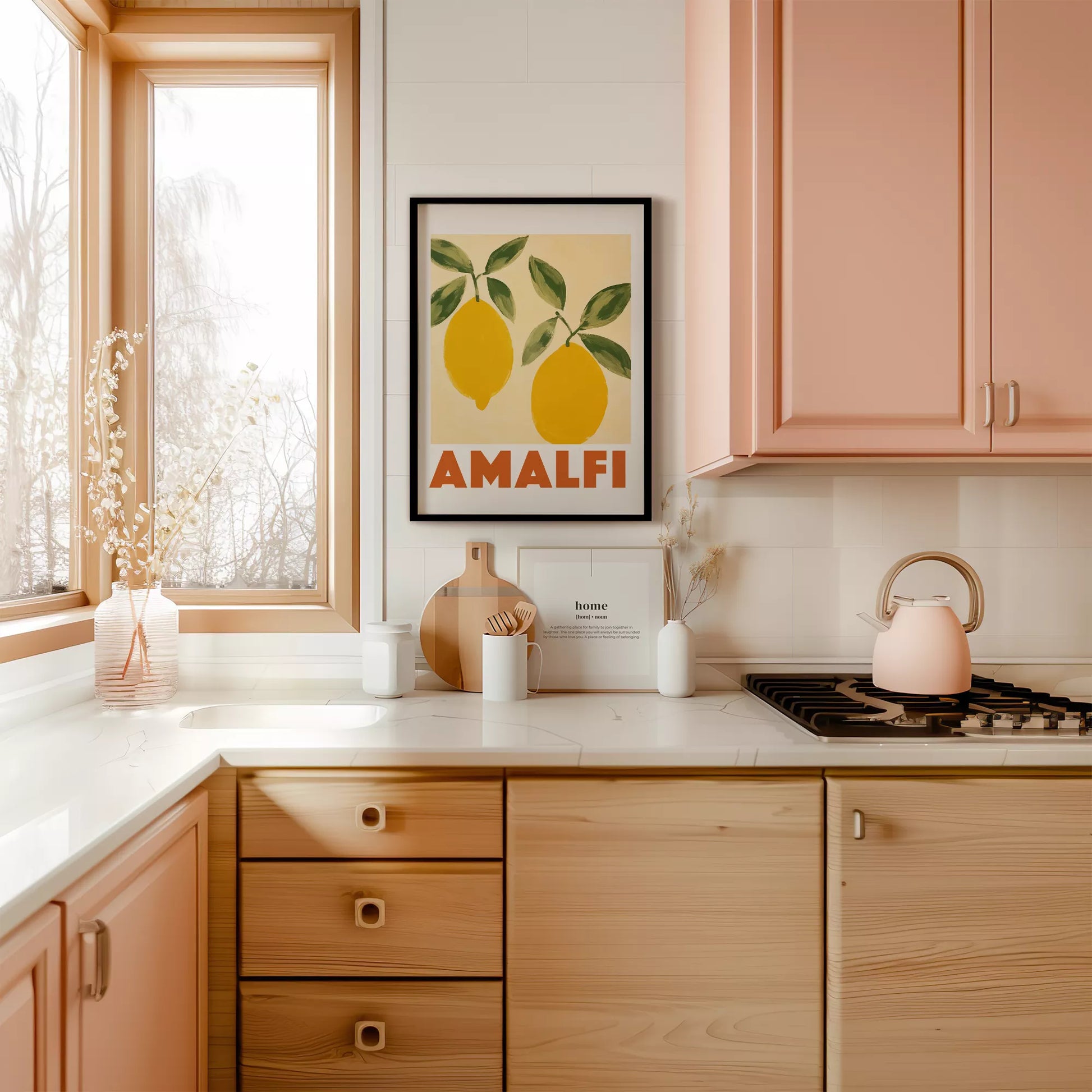 アマルフィコーストの黄色いレモン2つとグリーンの葉のボタニカルアート