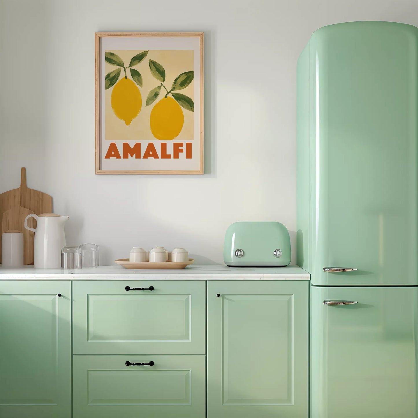 アマルフィコーストの黄色いレモン2つとグリーンの葉のボタニカルアート