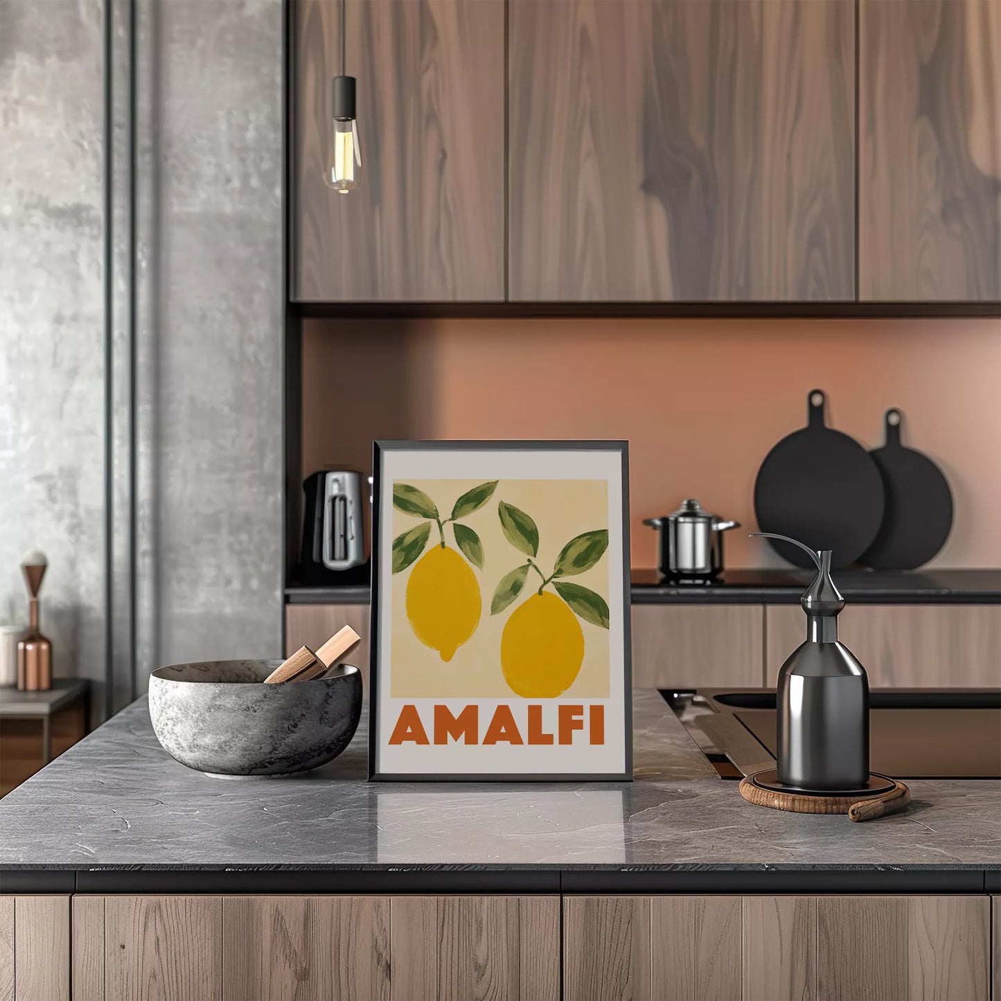 アマルフィコーストの黄色いレモン2つとグリーンの葉のボタニカルアート