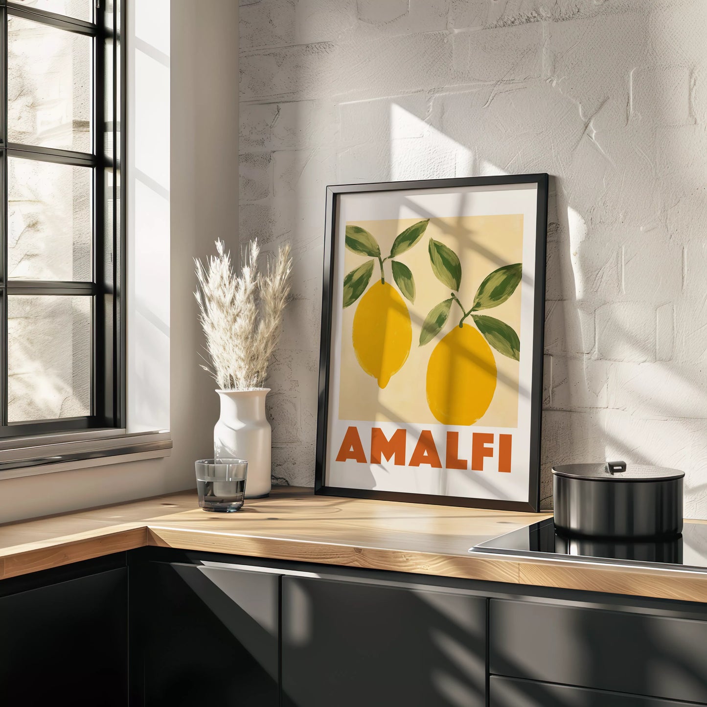 アマルフィコーストの黄色いレモン2つとグリーンの葉のボタニカルアート