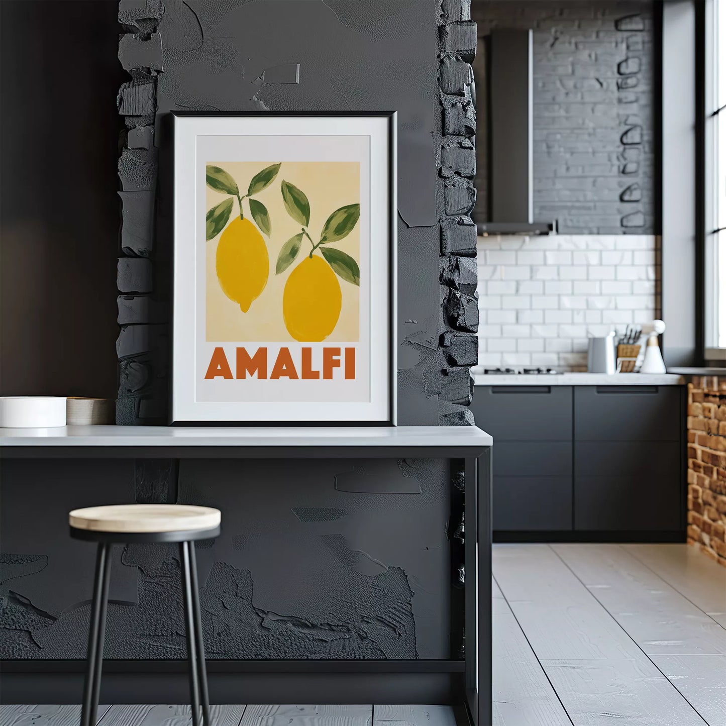 アマルフィコーストの黄色いレモン2つとグリーンの葉のボタニカルアート