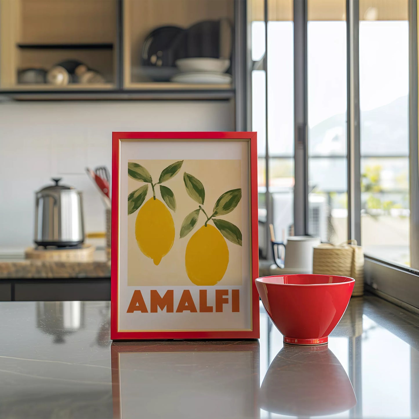 アマルフィコーストの黄色いレモン2つとグリーンの葉のボタニカルアート