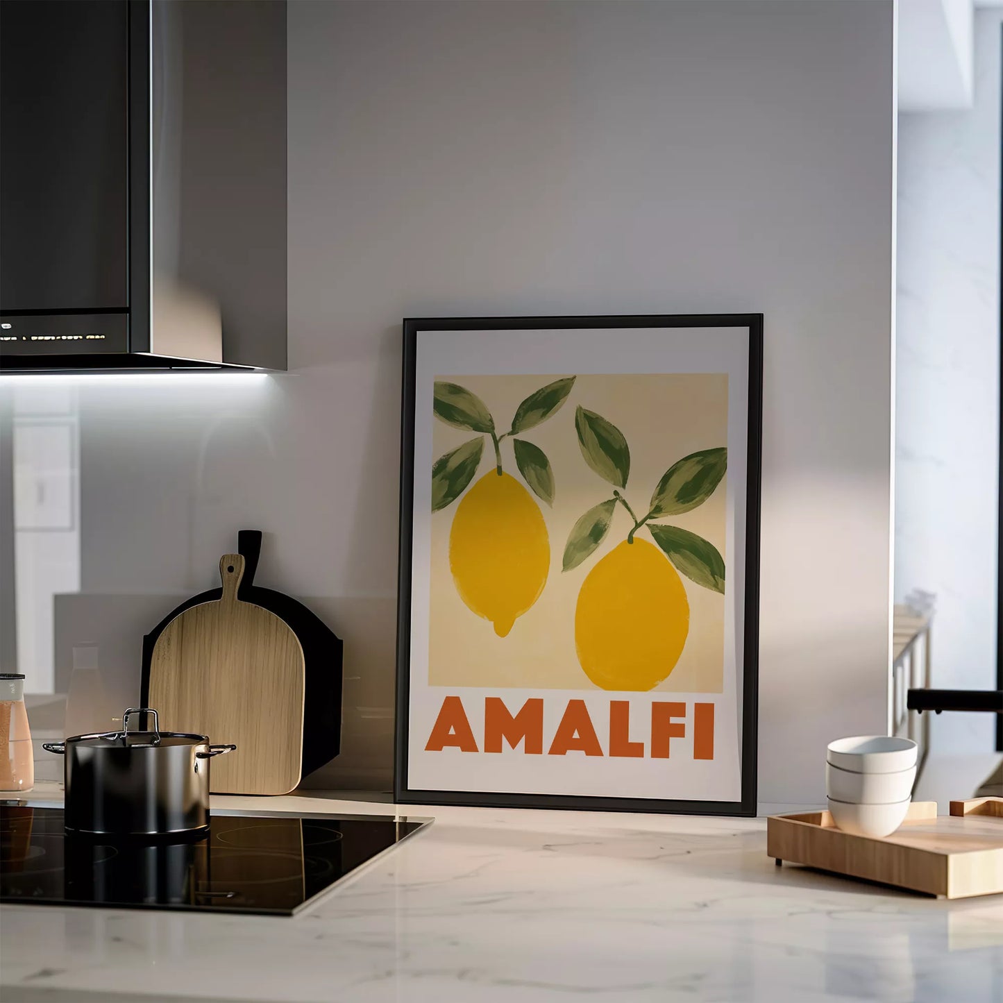 アマルフィコーストの黄色いレモン2つとグリーンの葉のボタニカルアート