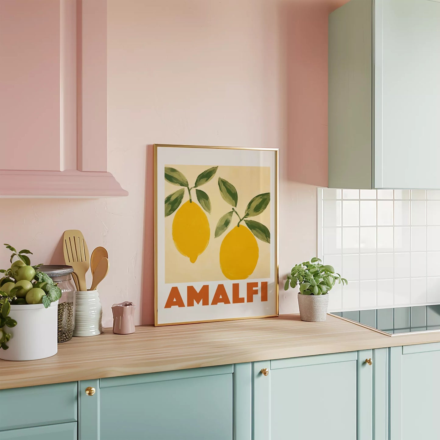 アマルフィコーストの黄色いレモン2つとグリーンの葉のボタニカルアート