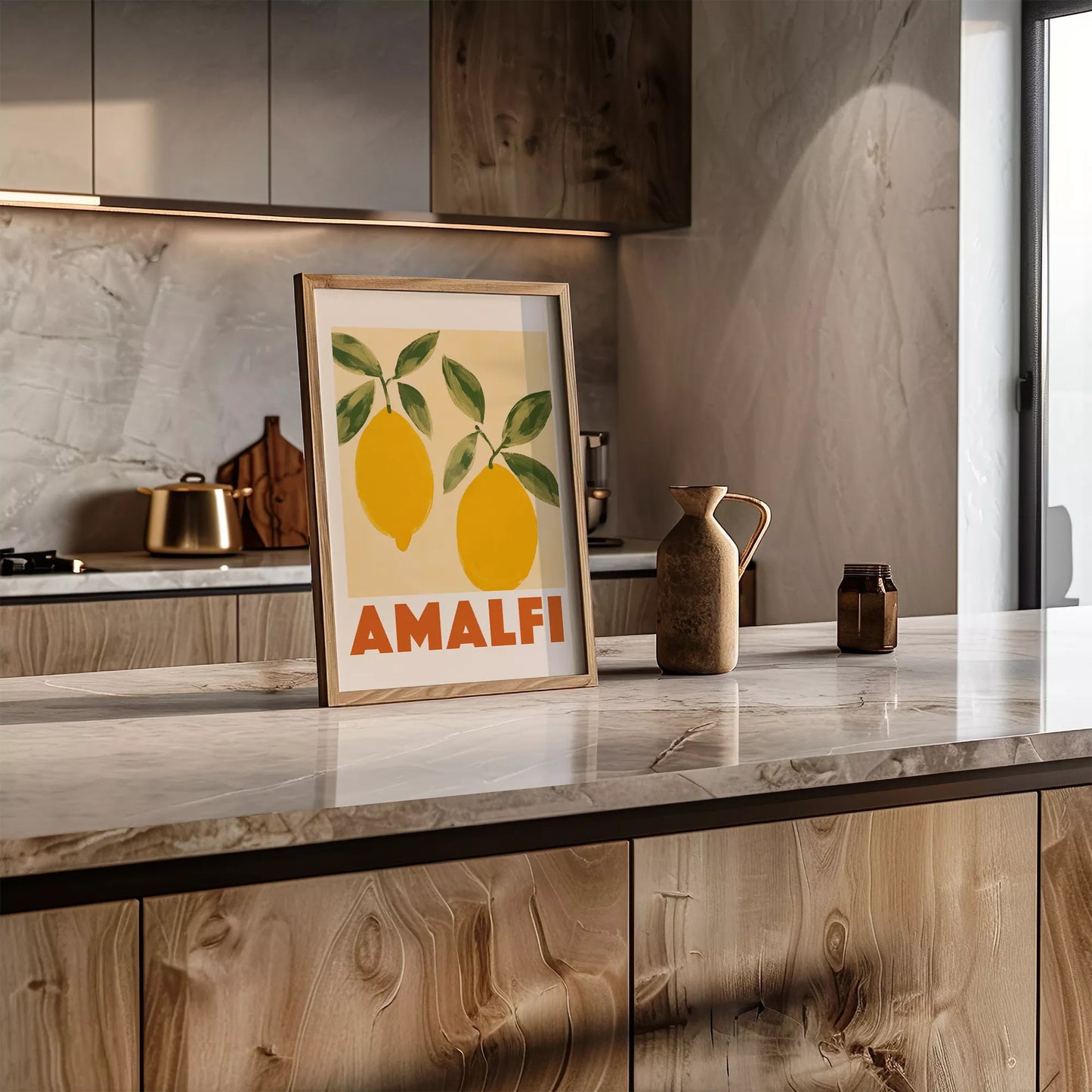 アマルフィコーストの黄色いレモン2つとグリーンの葉のボタニカルアート