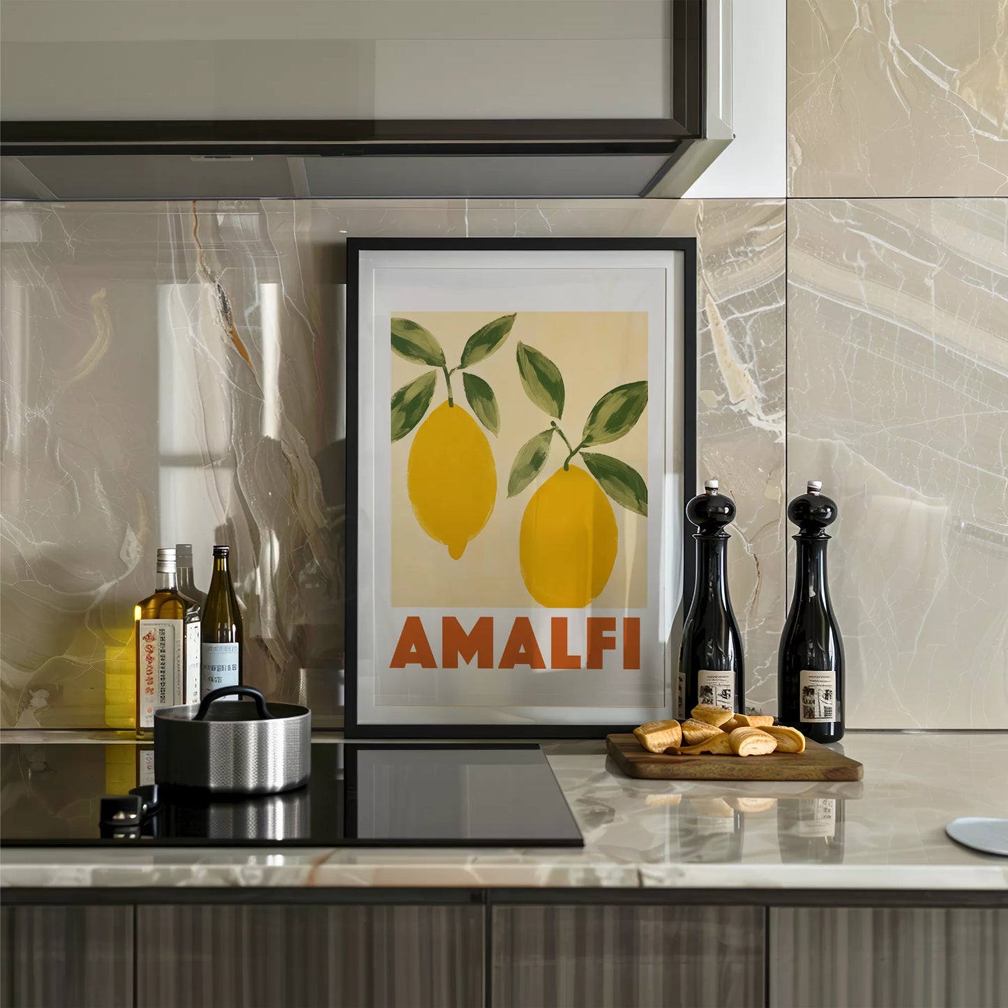 アマルフィコーストの黄色いレモン2つとグリーンの葉のボタニカルアート