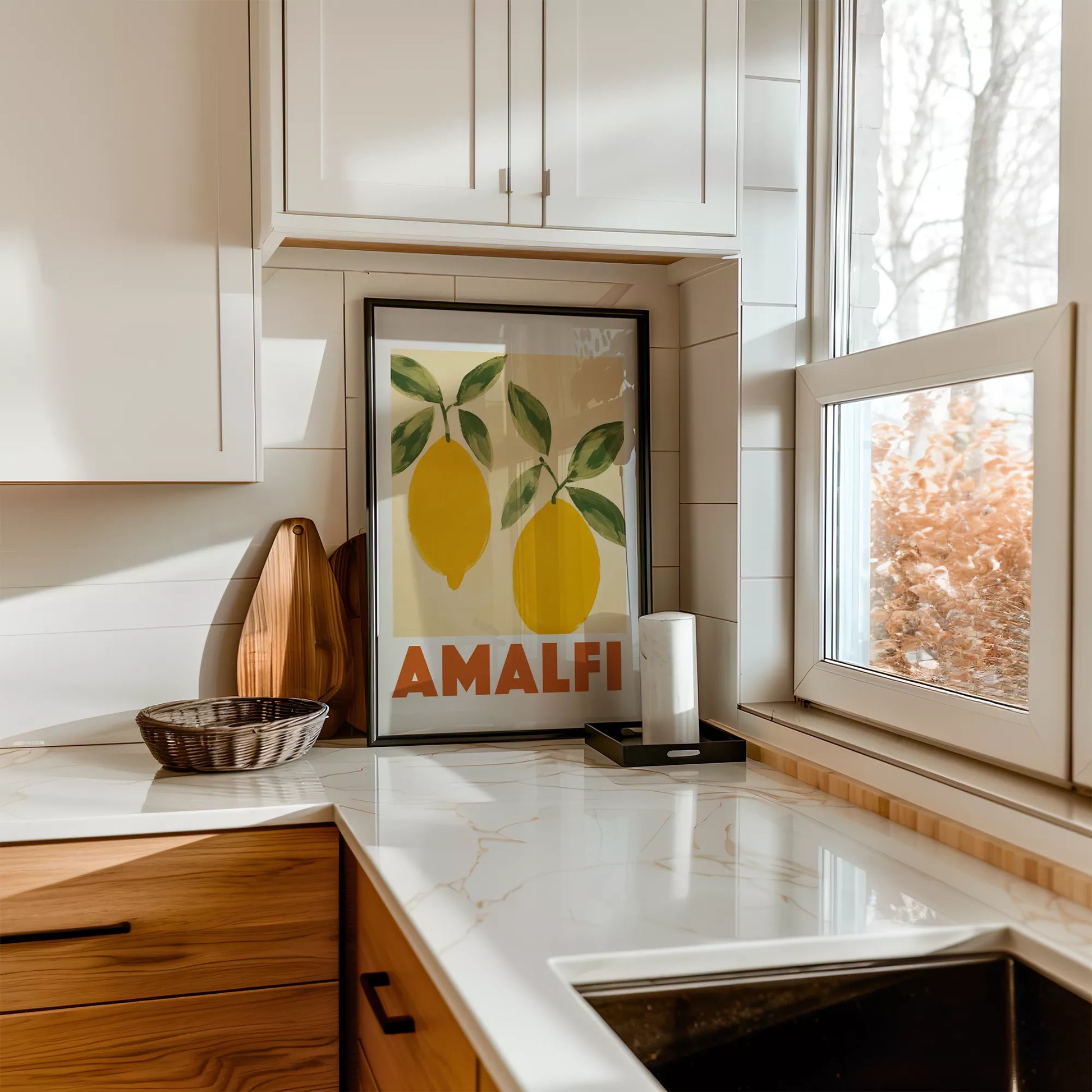 アマルフィコーストの黄色いレモン2つとグリーンの葉のボタニカルアート