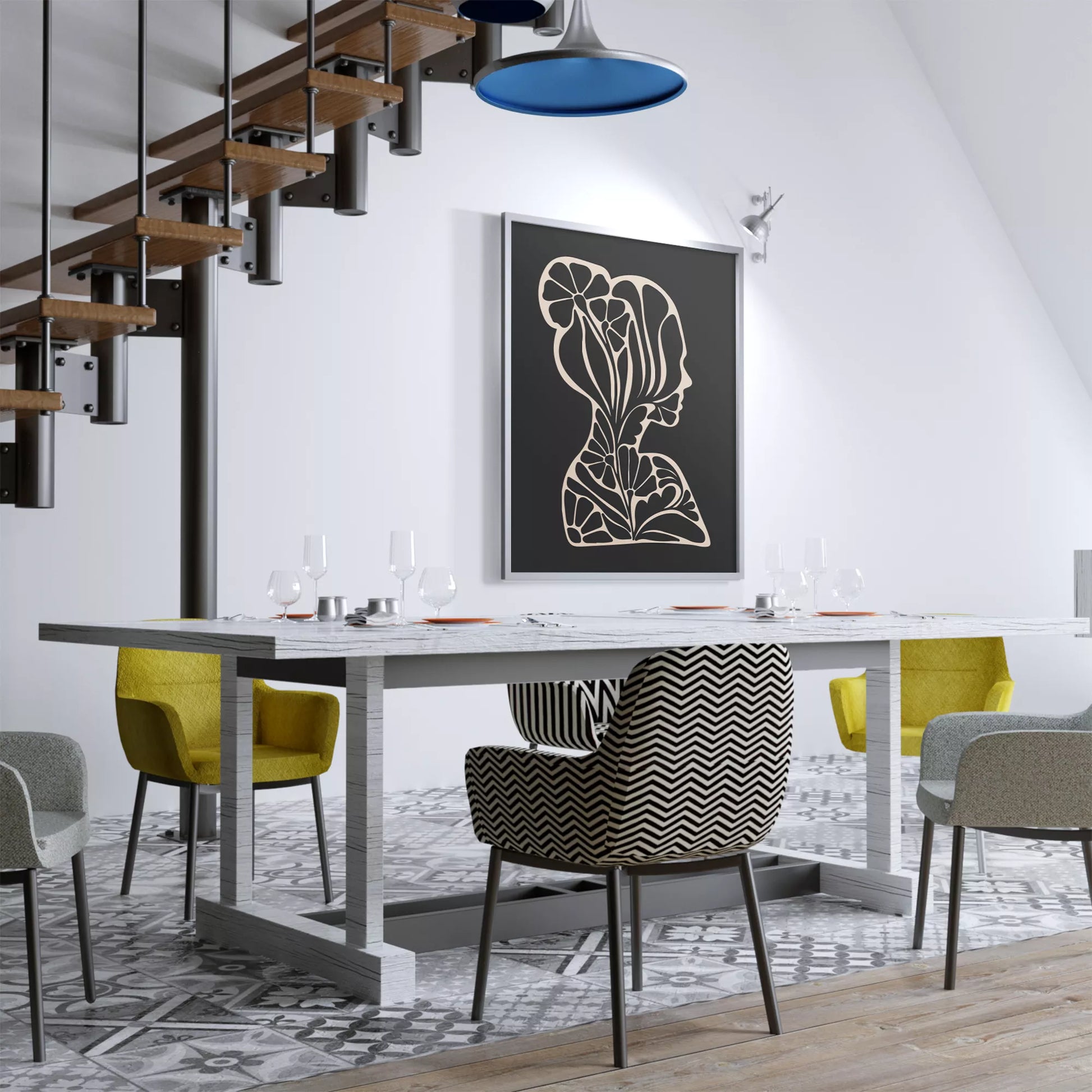 アールヌーボー様式の花柄シルエットアート、黒地に優雅な横顔デザイン