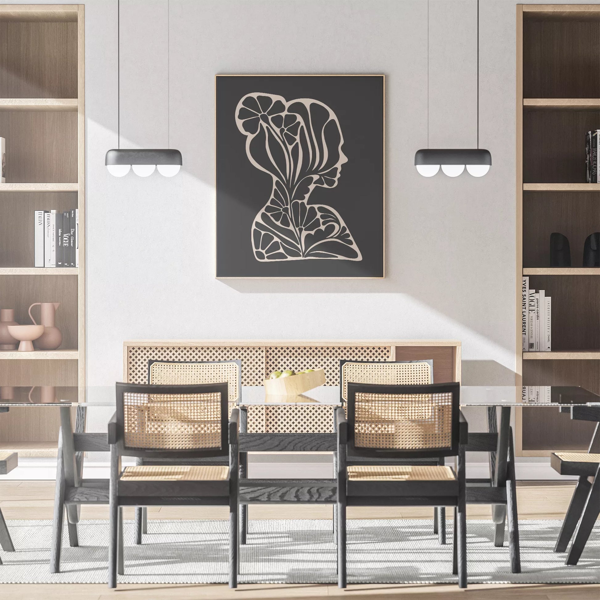 アールヌーボー様式の花柄シルエットアート、黒地に優雅な横顔デザイン