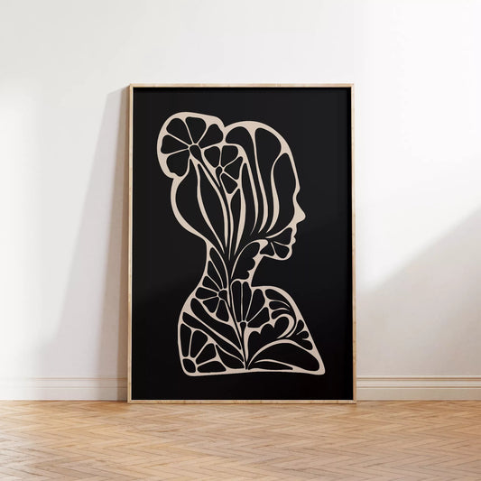 アールヌーボー様式の花柄シルエットアート、黒地に優雅な横顔デザイン