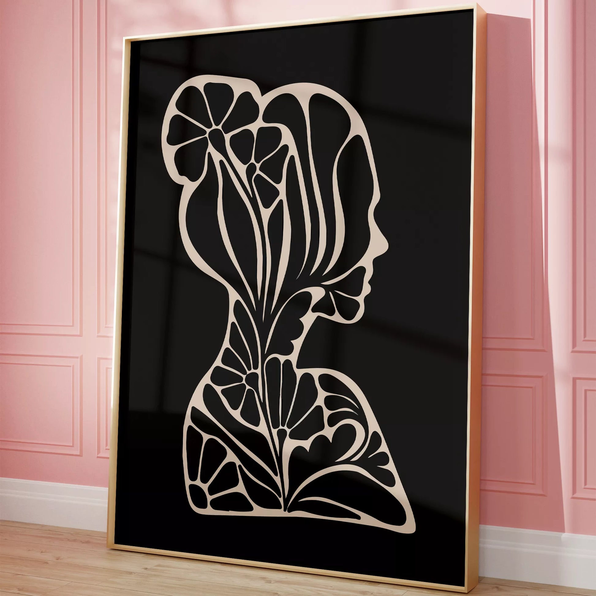 アールヌーボー様式の花柄シルエットアート、黒地に優雅な横顔デザイン