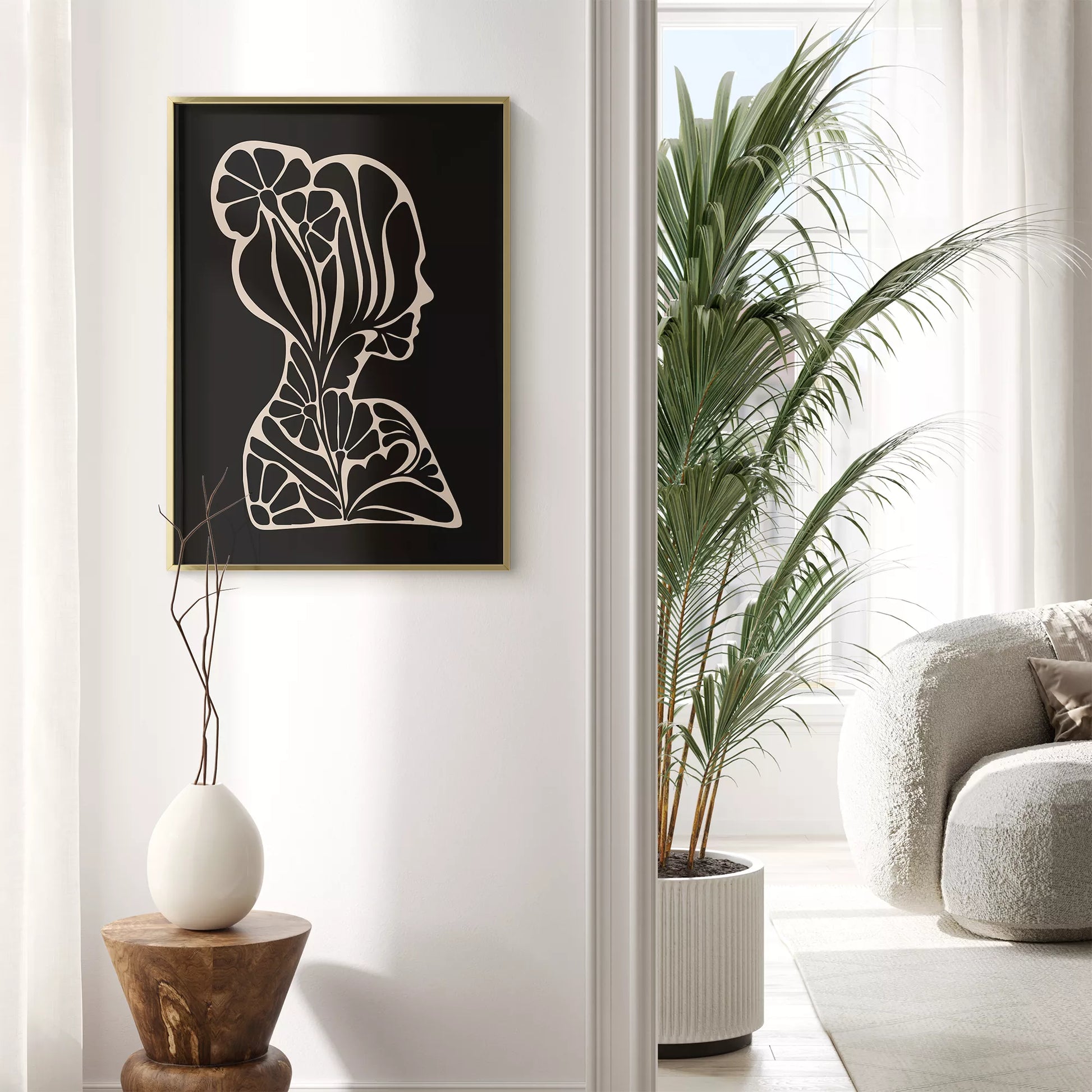 アールヌーボー様式の花柄シルエットアート、黒地に優雅な横顔デザイン