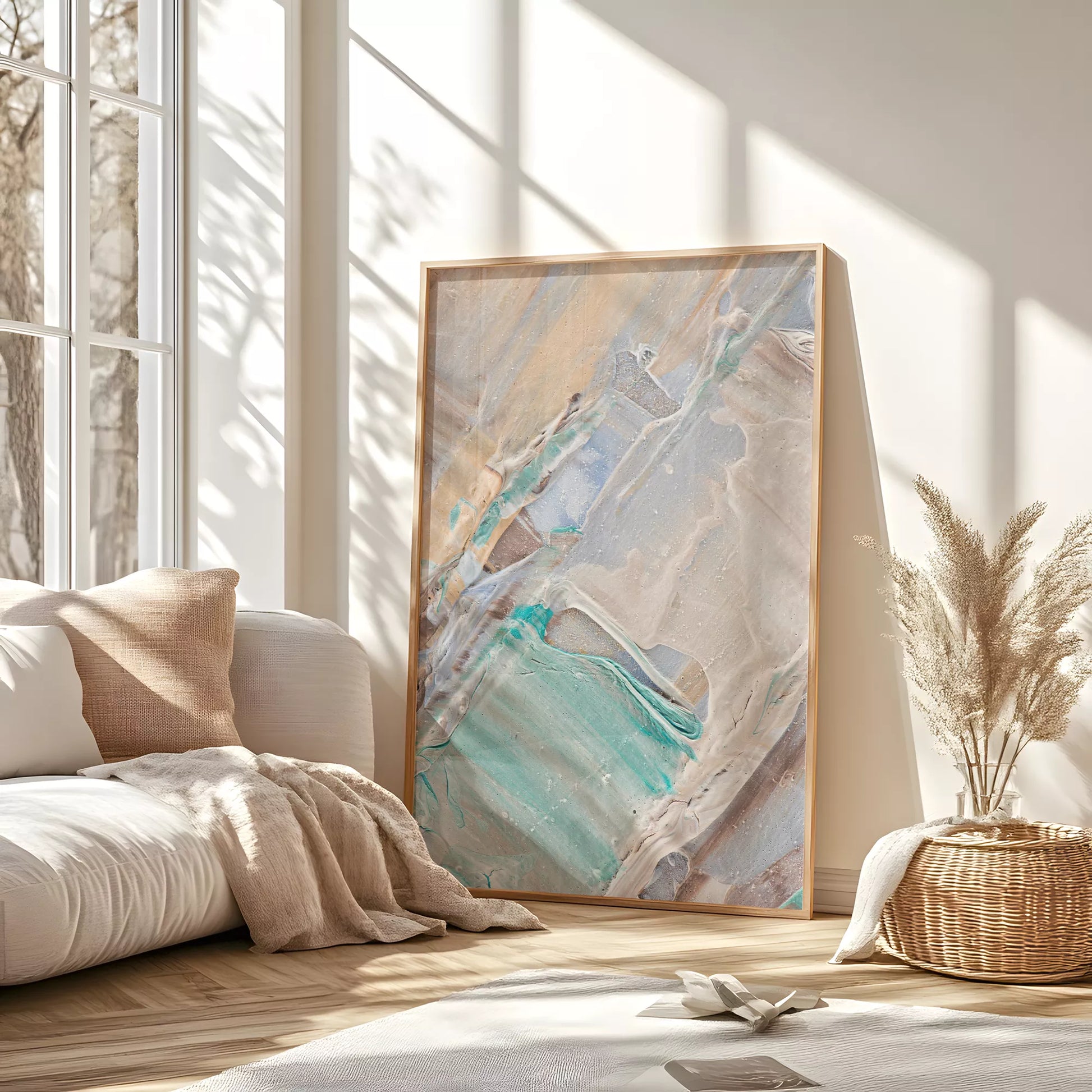 淡いブルーとベージュの抽象画テクスチャーアートポスター