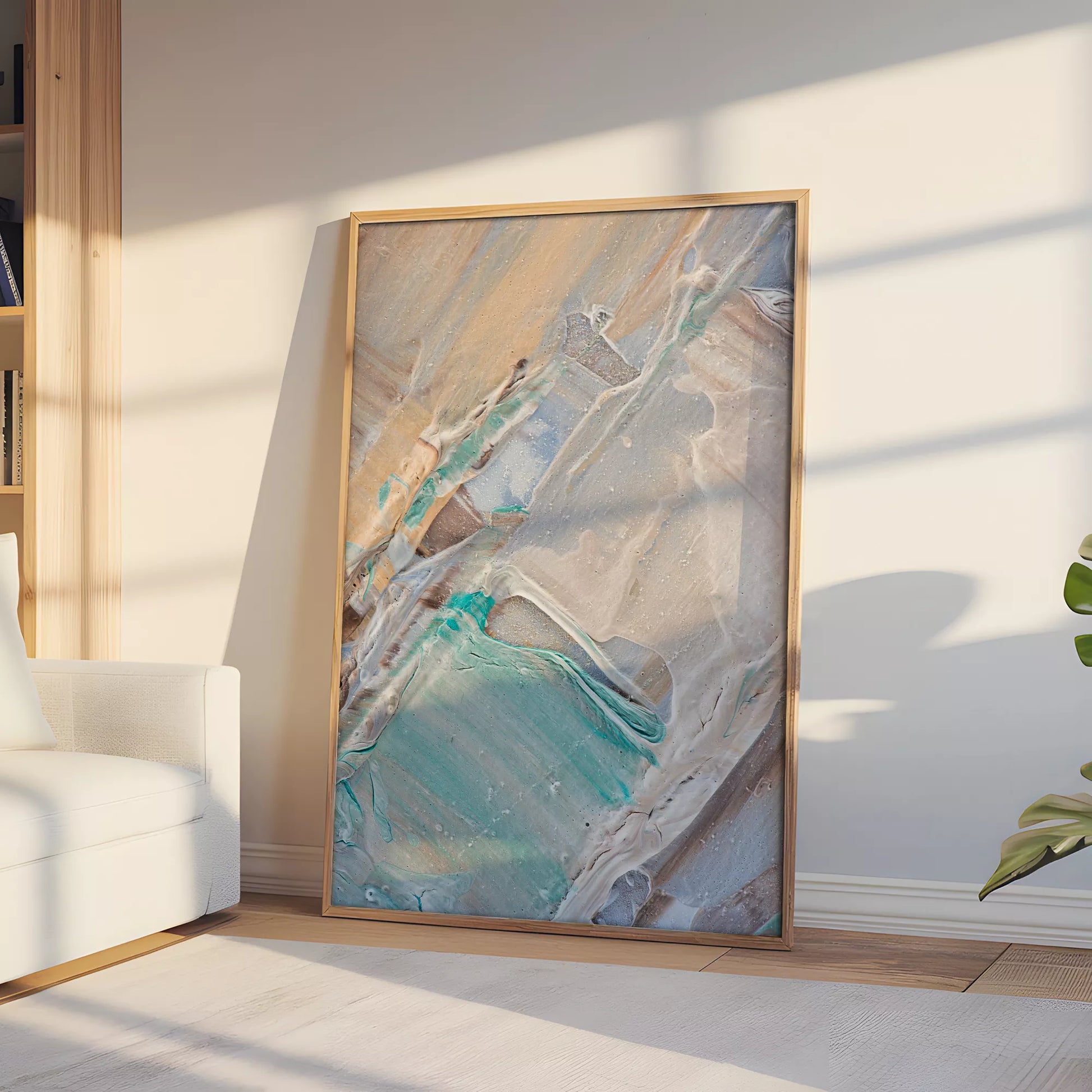 淡いブルーとベージュの抽象画テクスチャーアートポスター