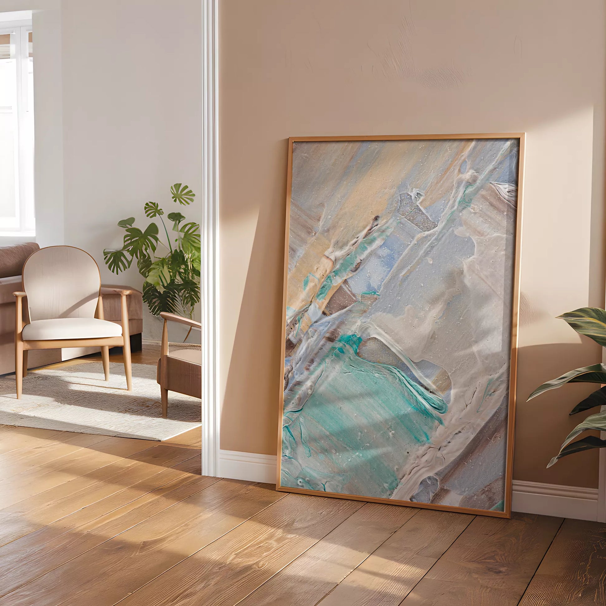 淡いブルーとベージュの抽象画テクスチャーアートポスター