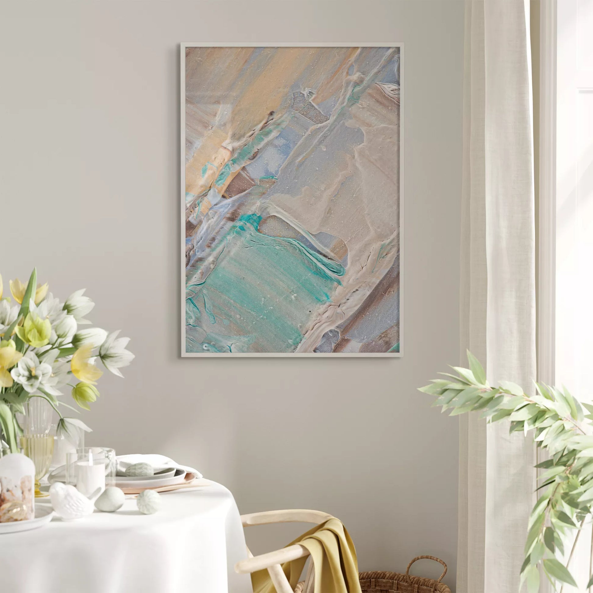 淡いブルーとベージュの抽象画テクスチャーアートポスター