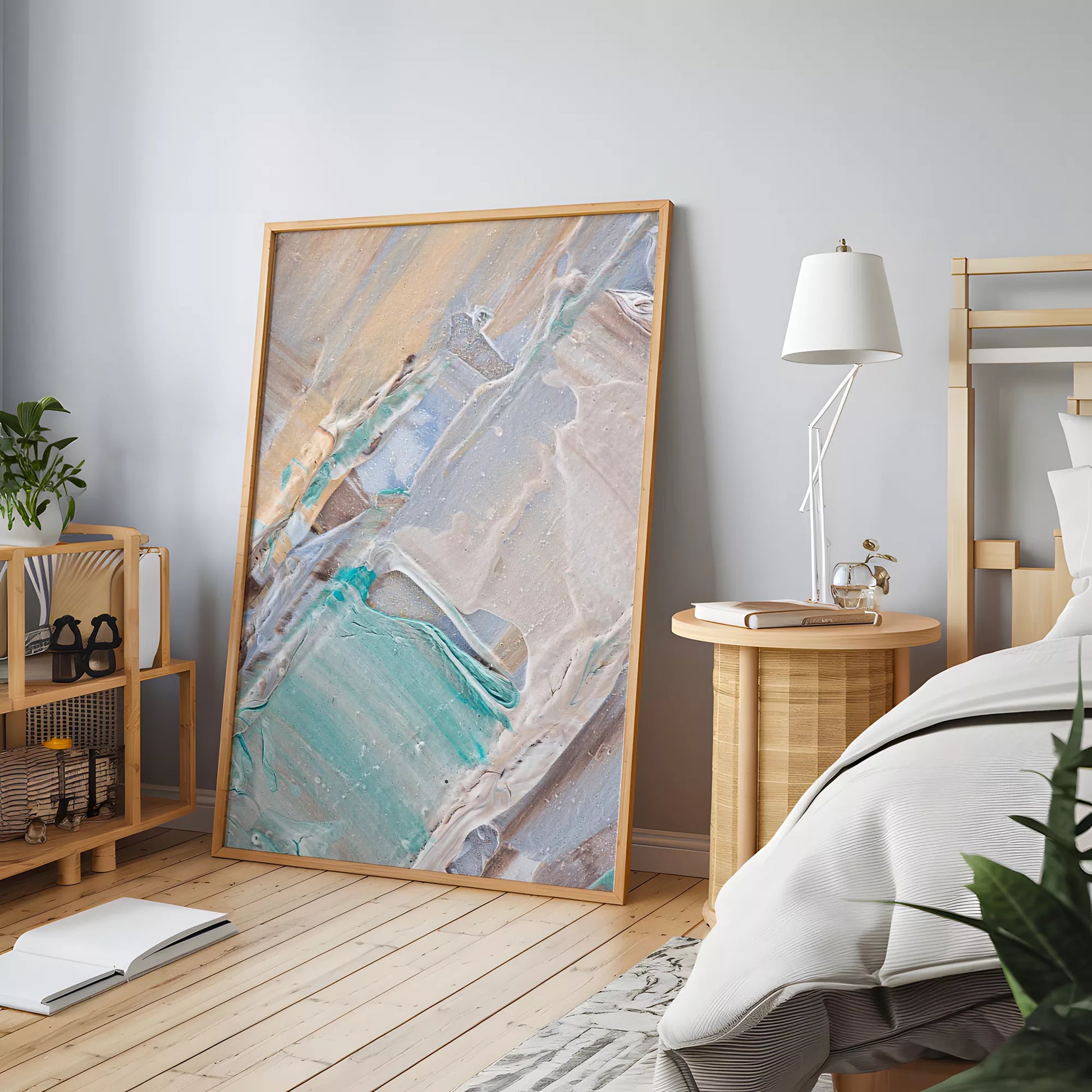 淡いブルーとベージュの抽象画テクスチャーアートポスター