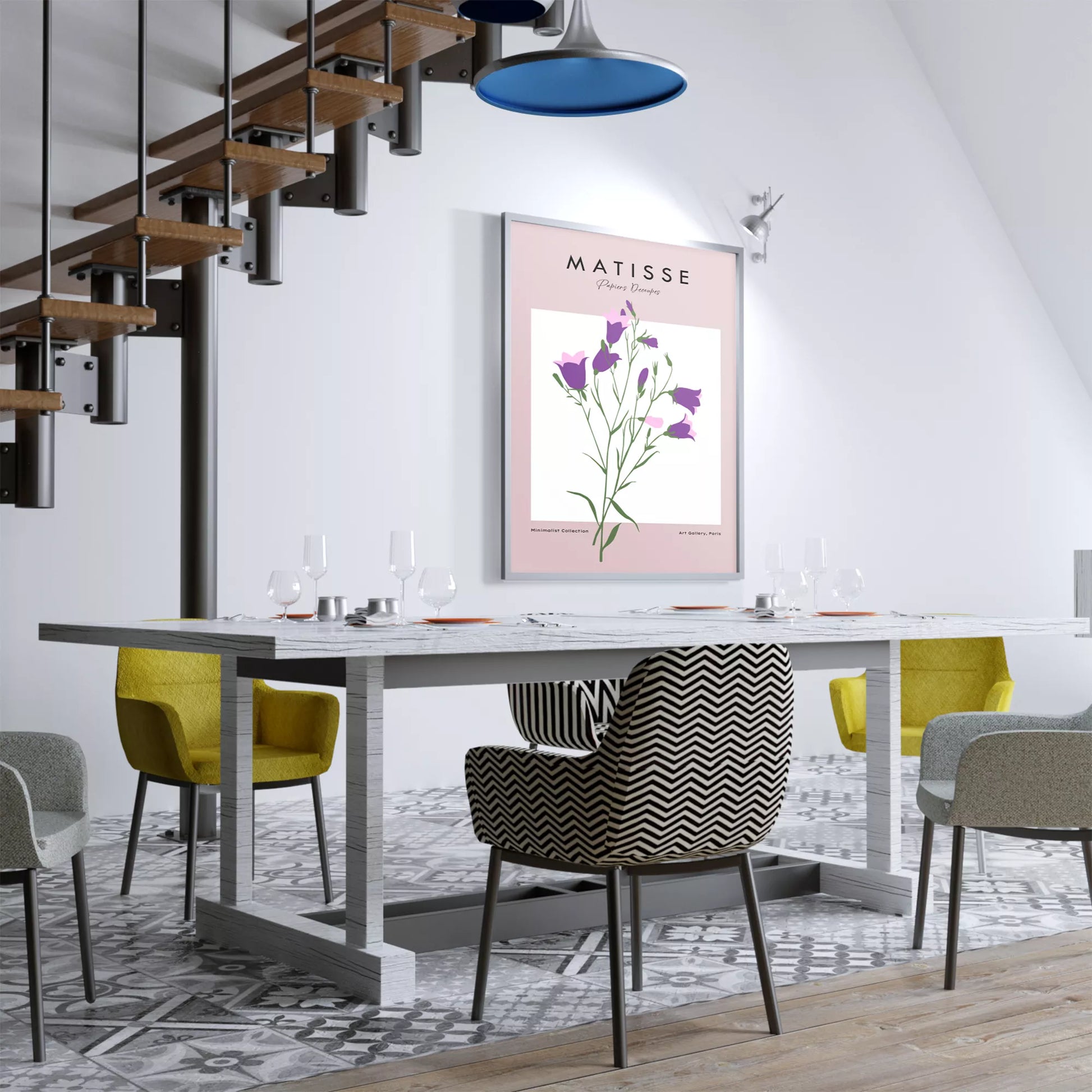 北欧カラーの紫とピンクの花が描かれたミニマルボタニカルアートポスター