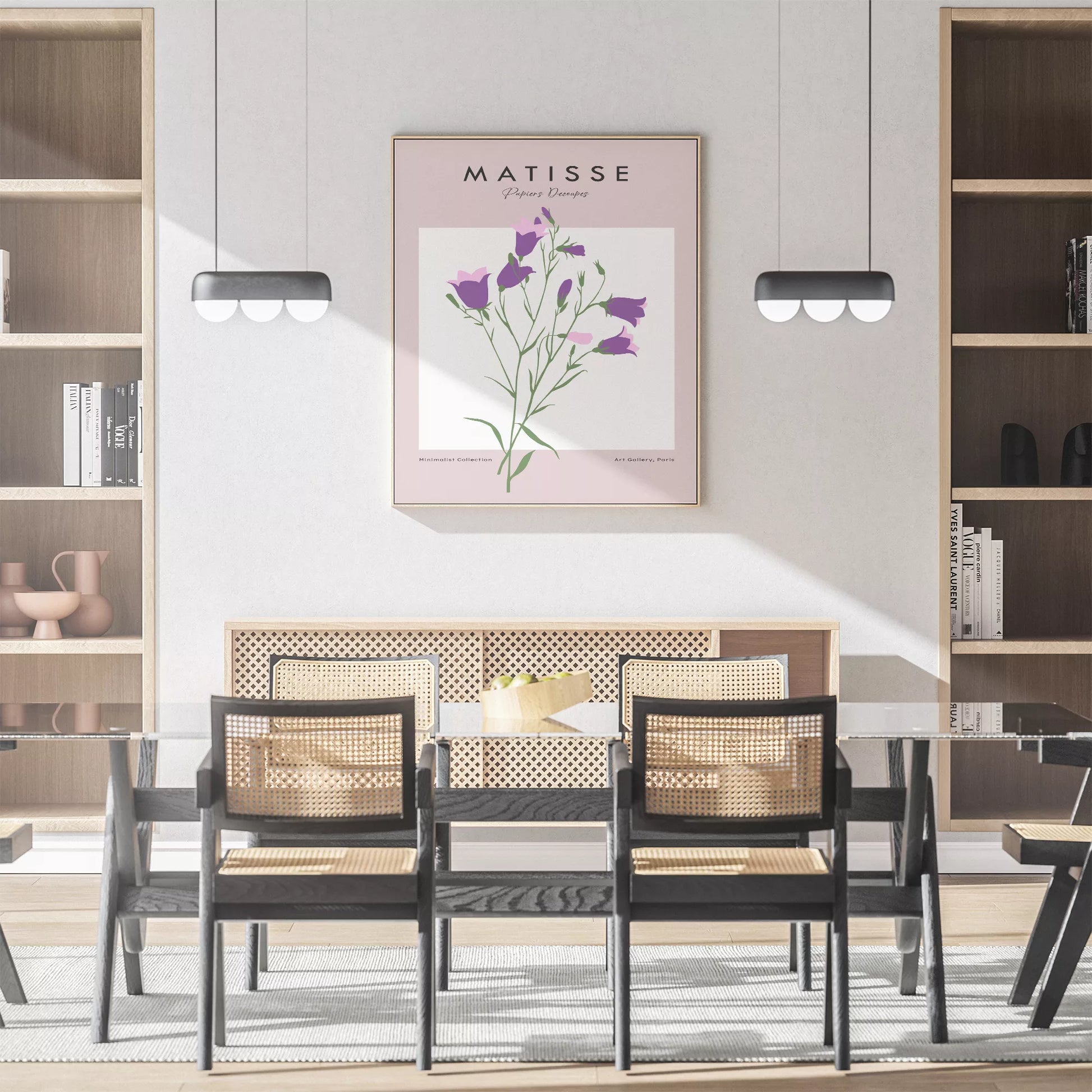 北欧カラーの紫とピンクの花が描かれたミニマルボタニカルアートポスター