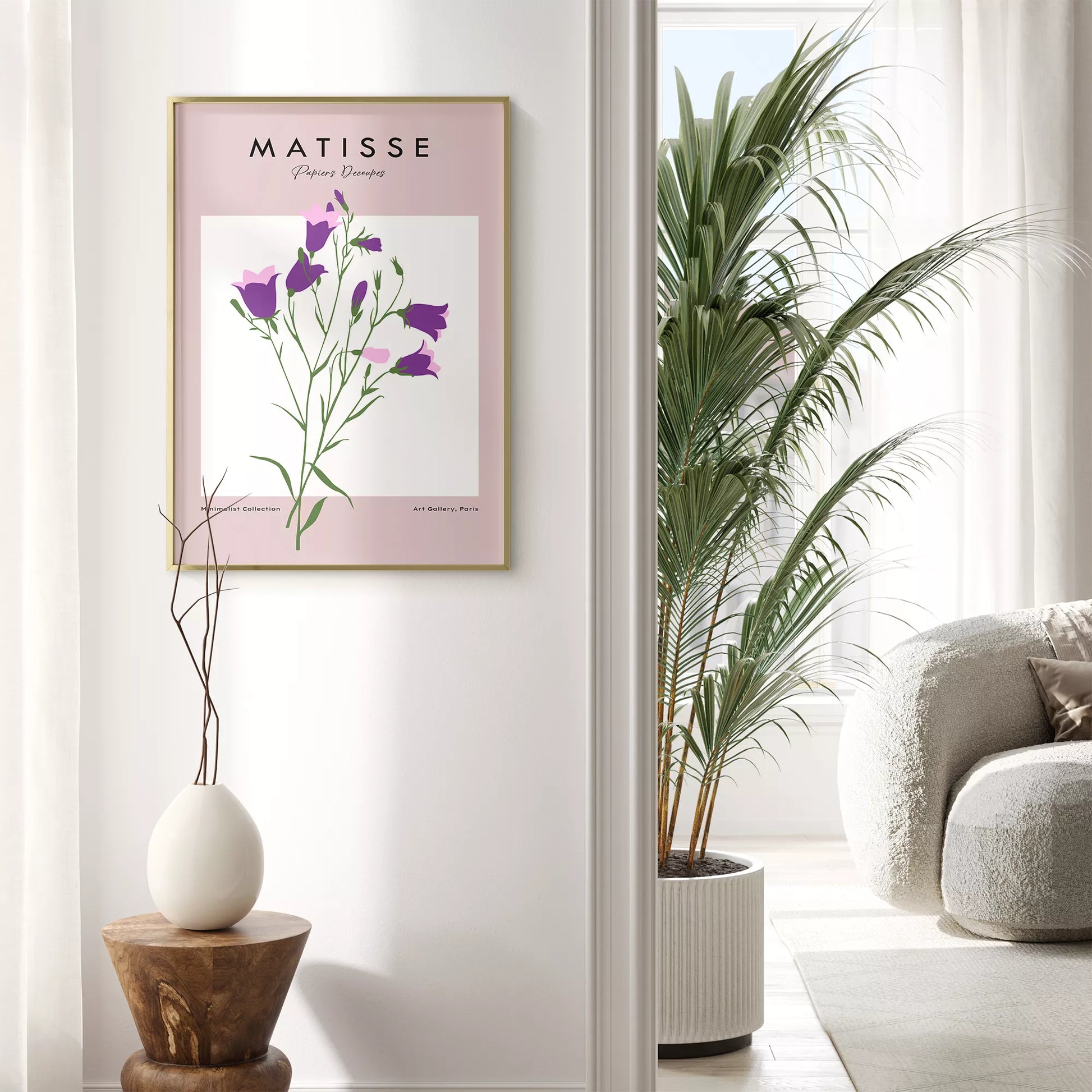 北欧カラーの紫とピンクの花が描かれたミニマルボタニカルアートポスター