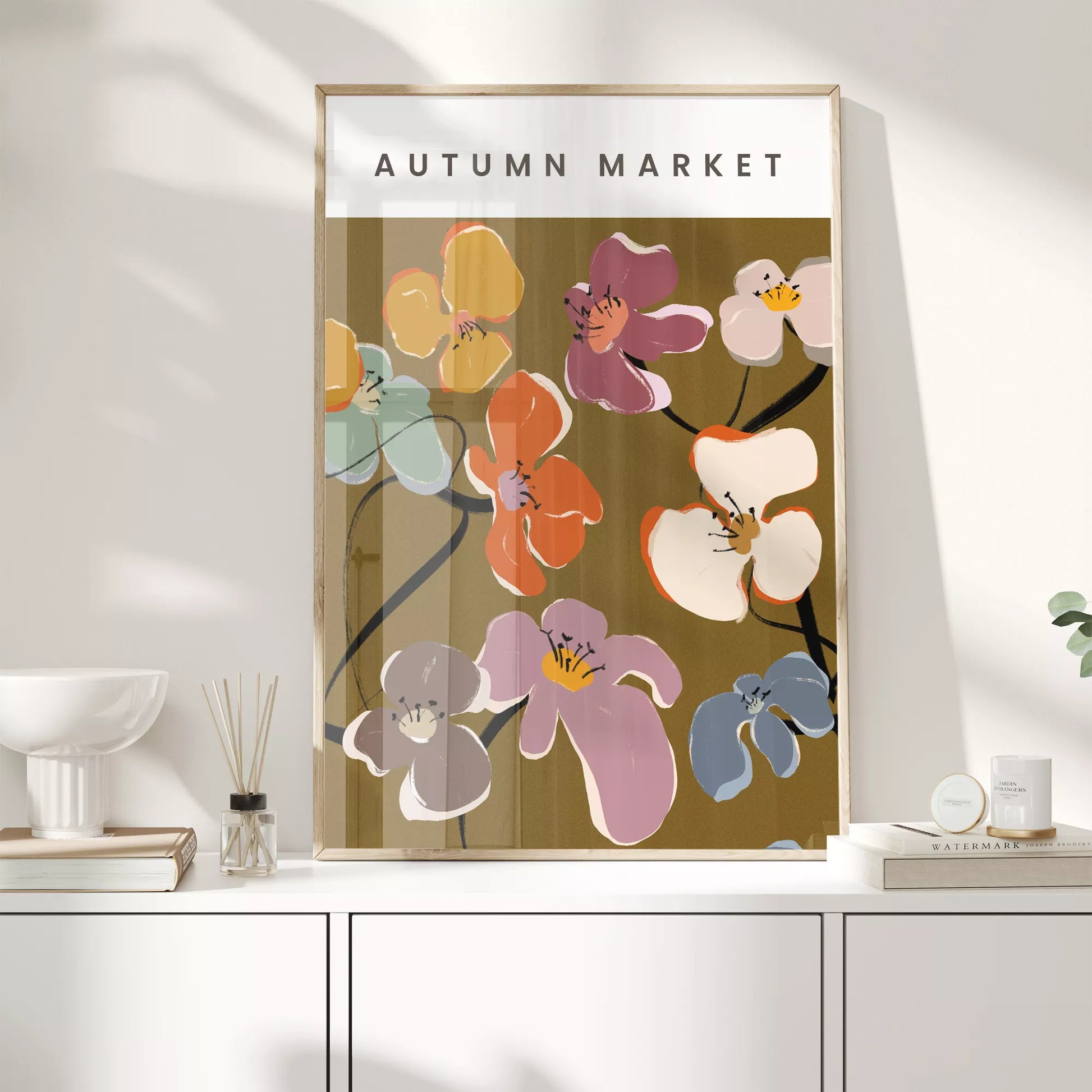 秋の花々アートポスター ブラウン背景にカラフルな花デザイン