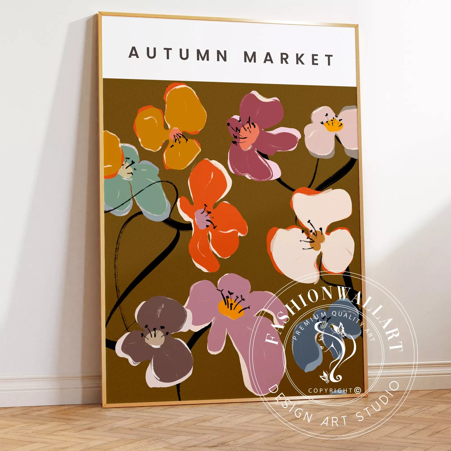 秋の花々アートポスター ブラウン背景にカラフルな花デザイン