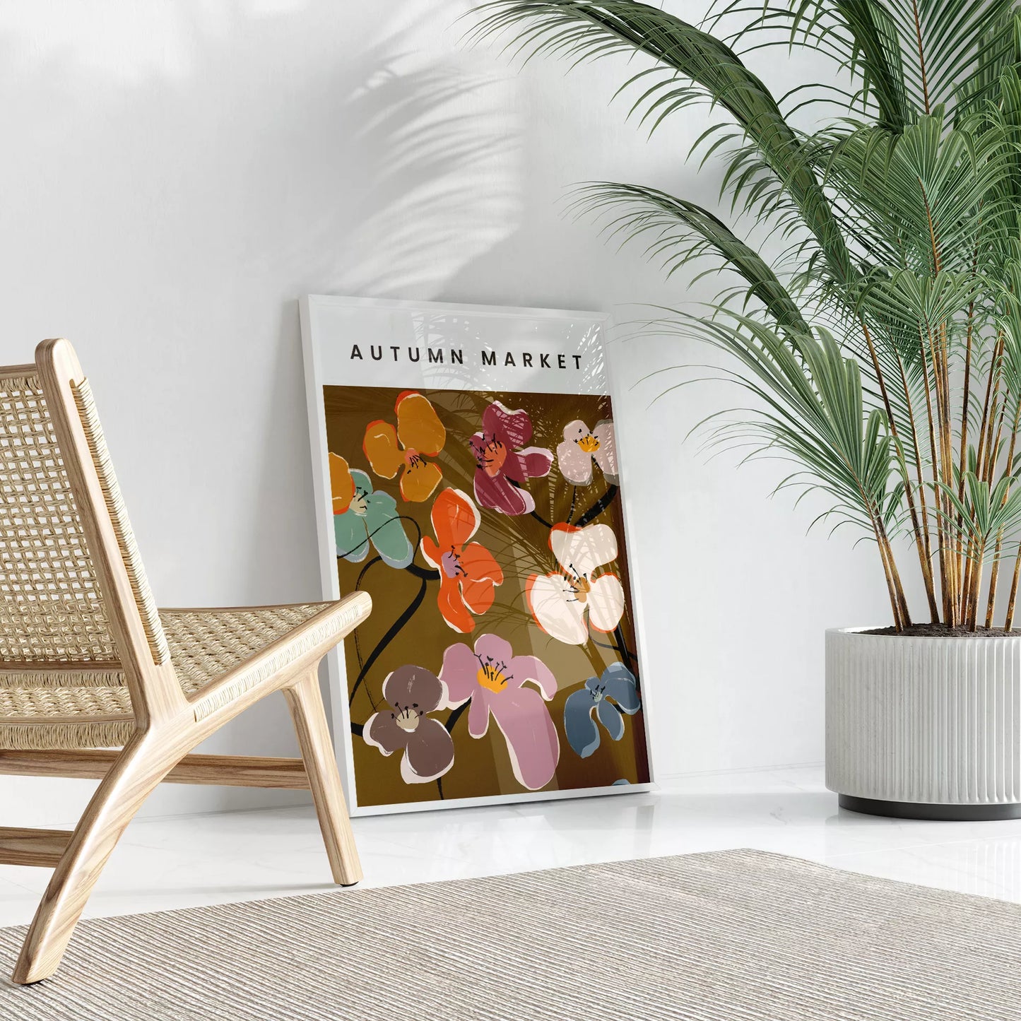 秋の花々アートポスター ブラウン背景にカラフルな花デザイン