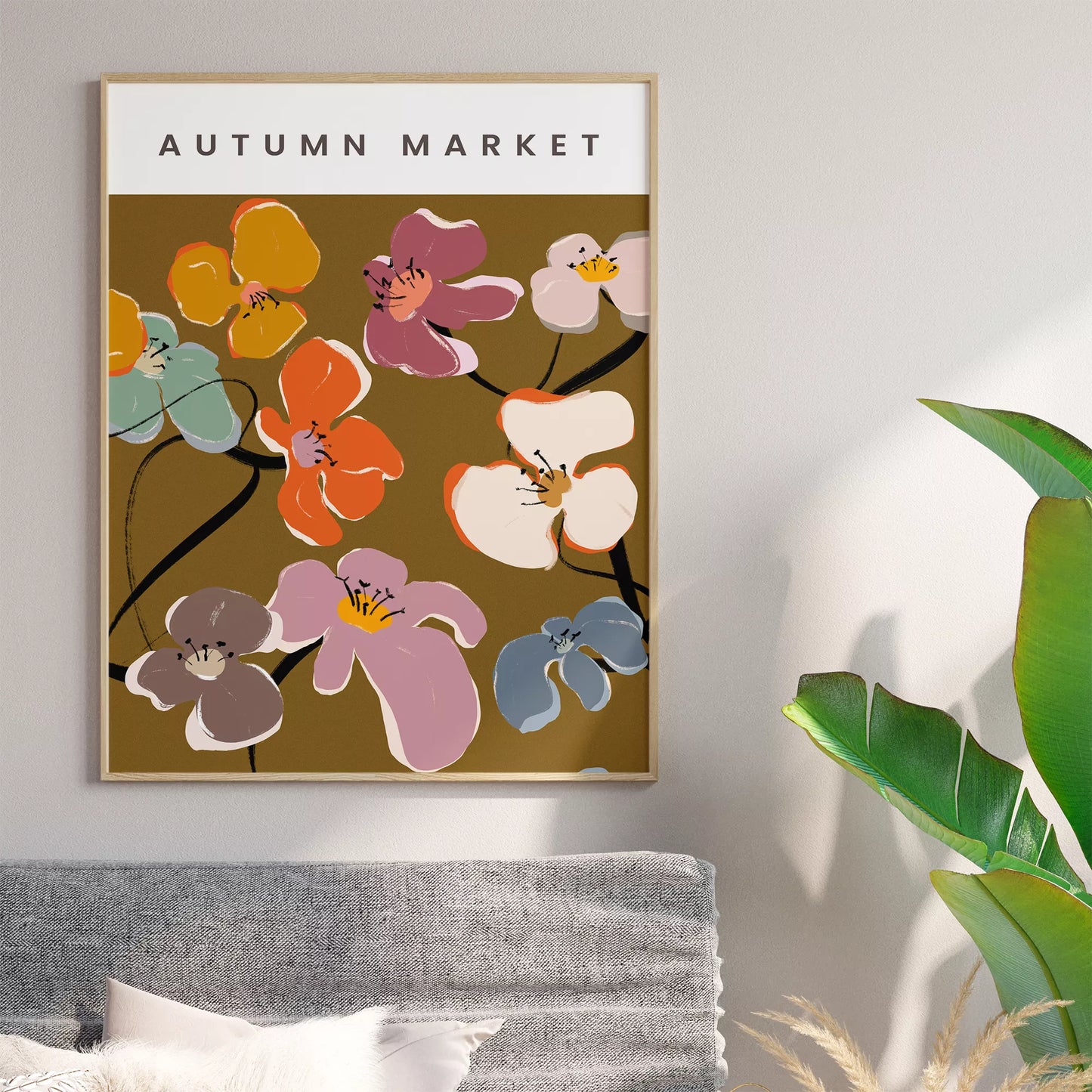 秋の花々アートポスター ブラウン背景にカラフルな花デザイン