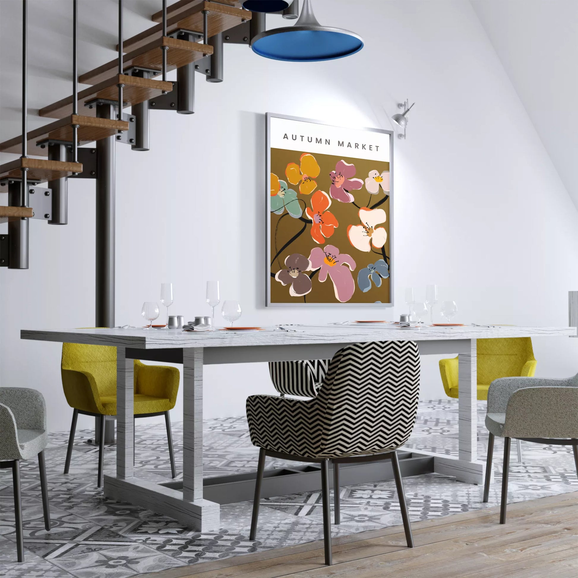 秋の花々アートポスター ブラウン背景にカラフルな花デザイン