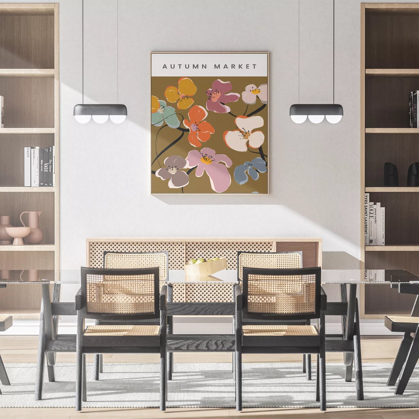 秋の花々アートポスター ブラウン背景にカラフルな花デザイン