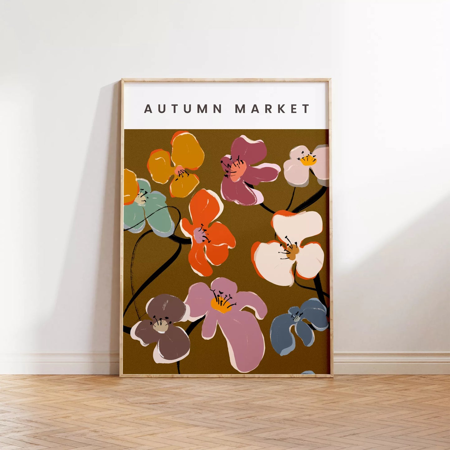 秋の花々アートポスター ブラウン背景にカラフルな花デザイン