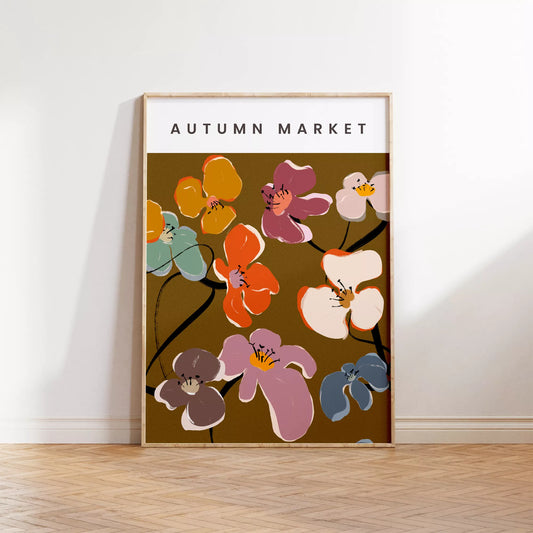 秋の花々アートポスター ブラウン背景にカラフルな花デザイン