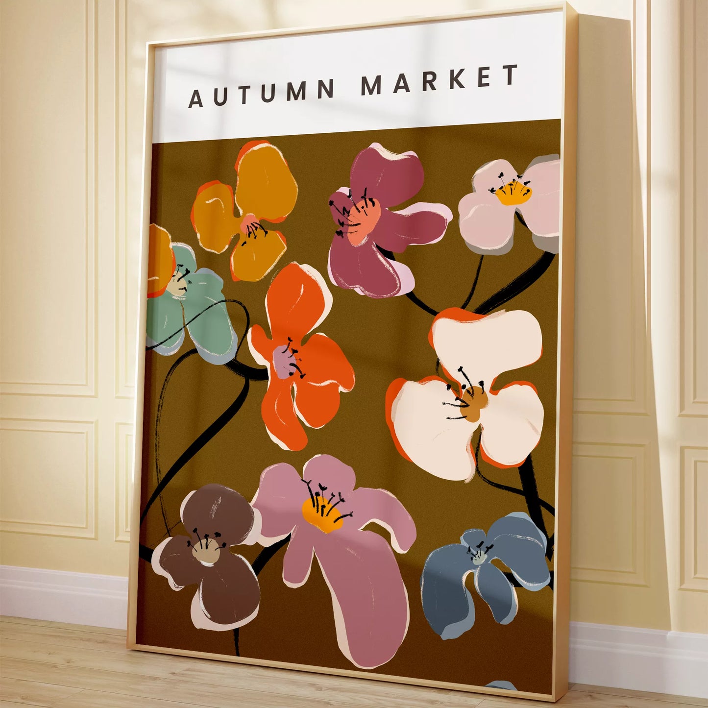 秋の花々アートポスター ブラウン背景にカラフルな花デザイン