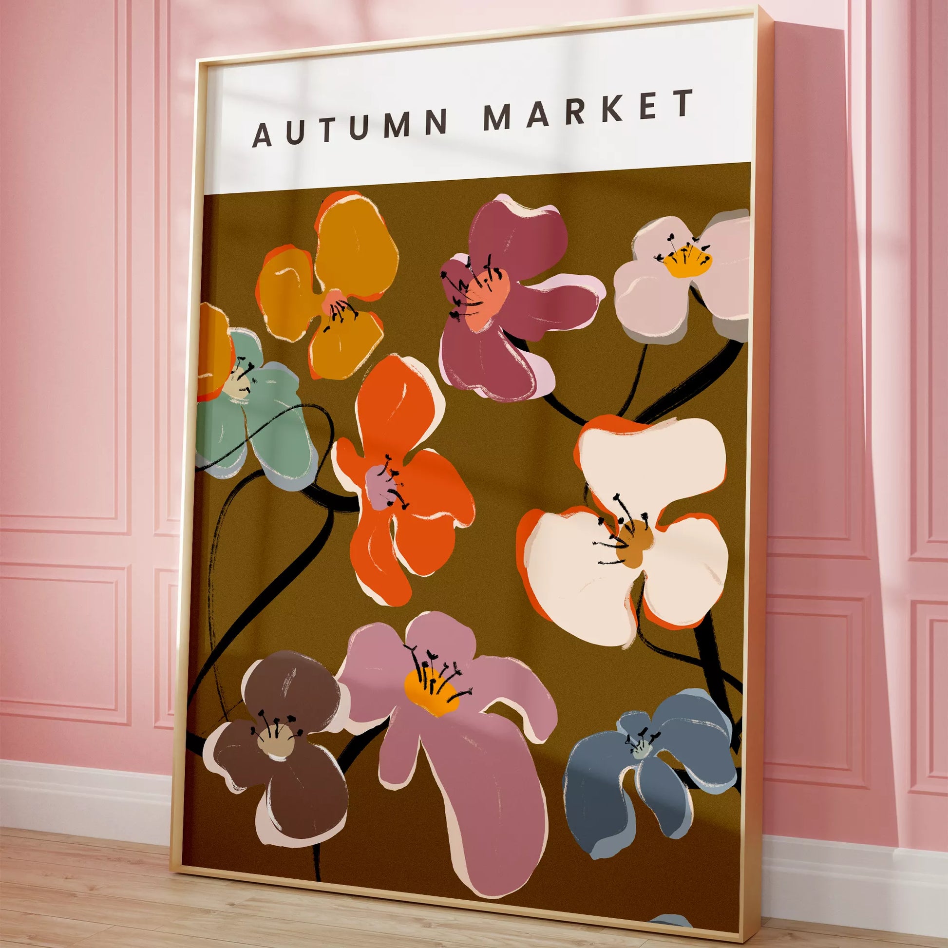 秋の花々アートポスター ブラウン背景にカラフルな花デザイン