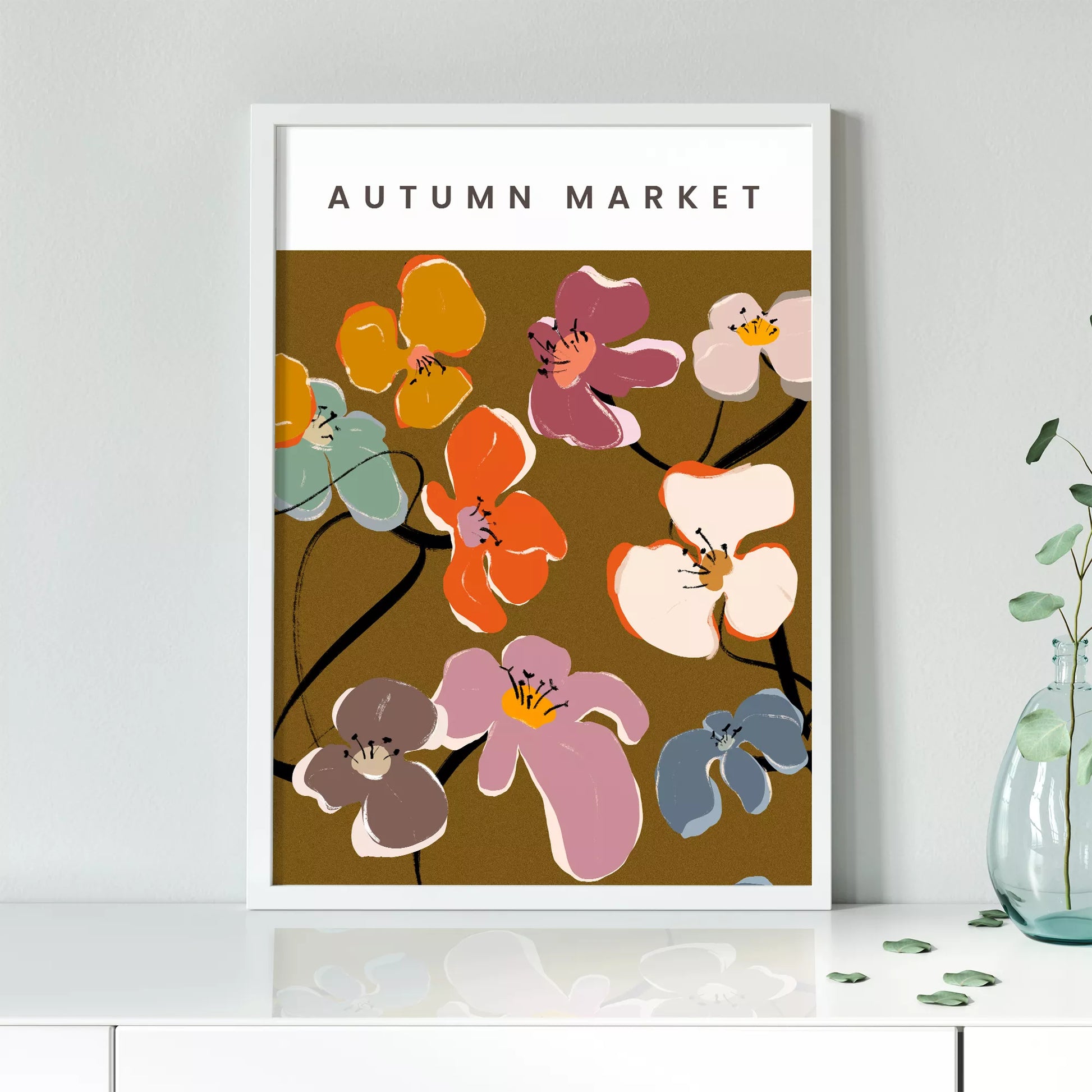 秋の花々アートポスター ブラウン背景にカラフルな花デザイン
