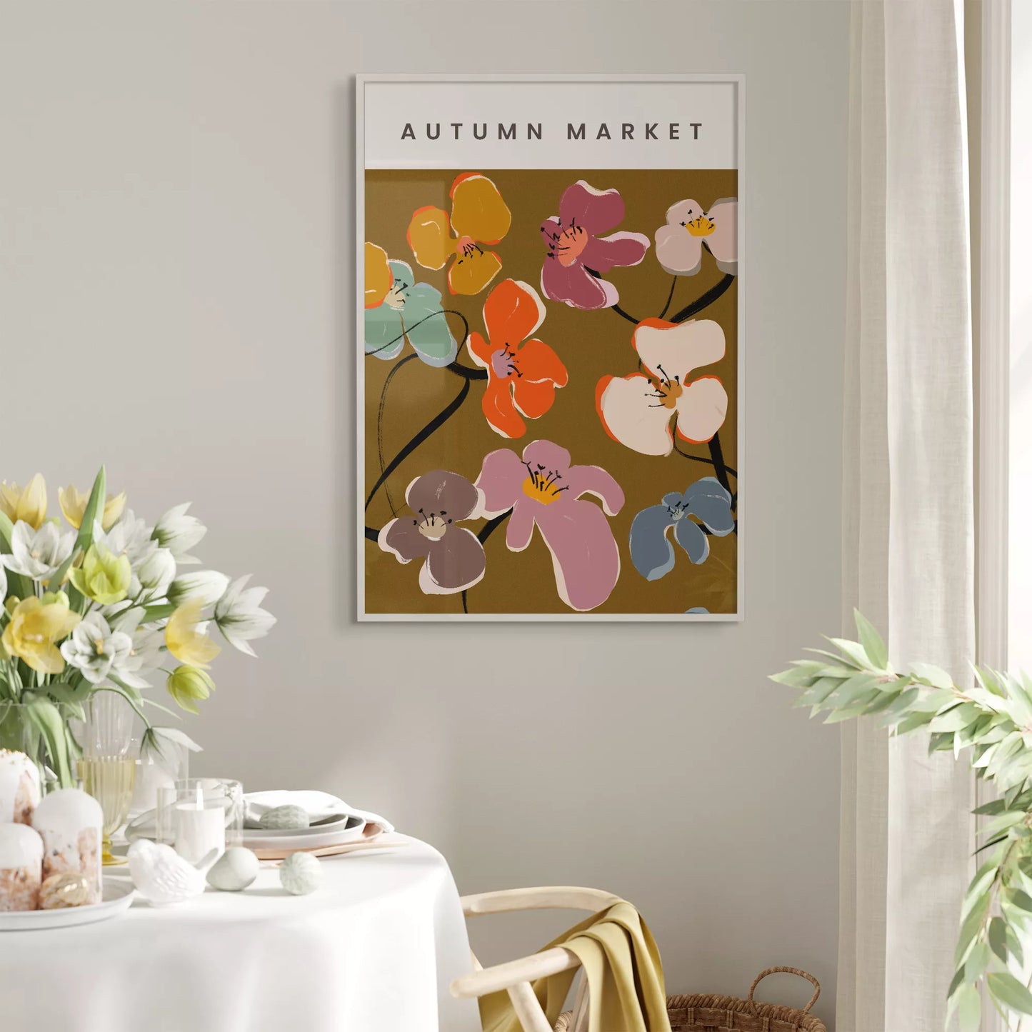 秋の花々アートポスター ブラウン背景にカラフルな花デザイン