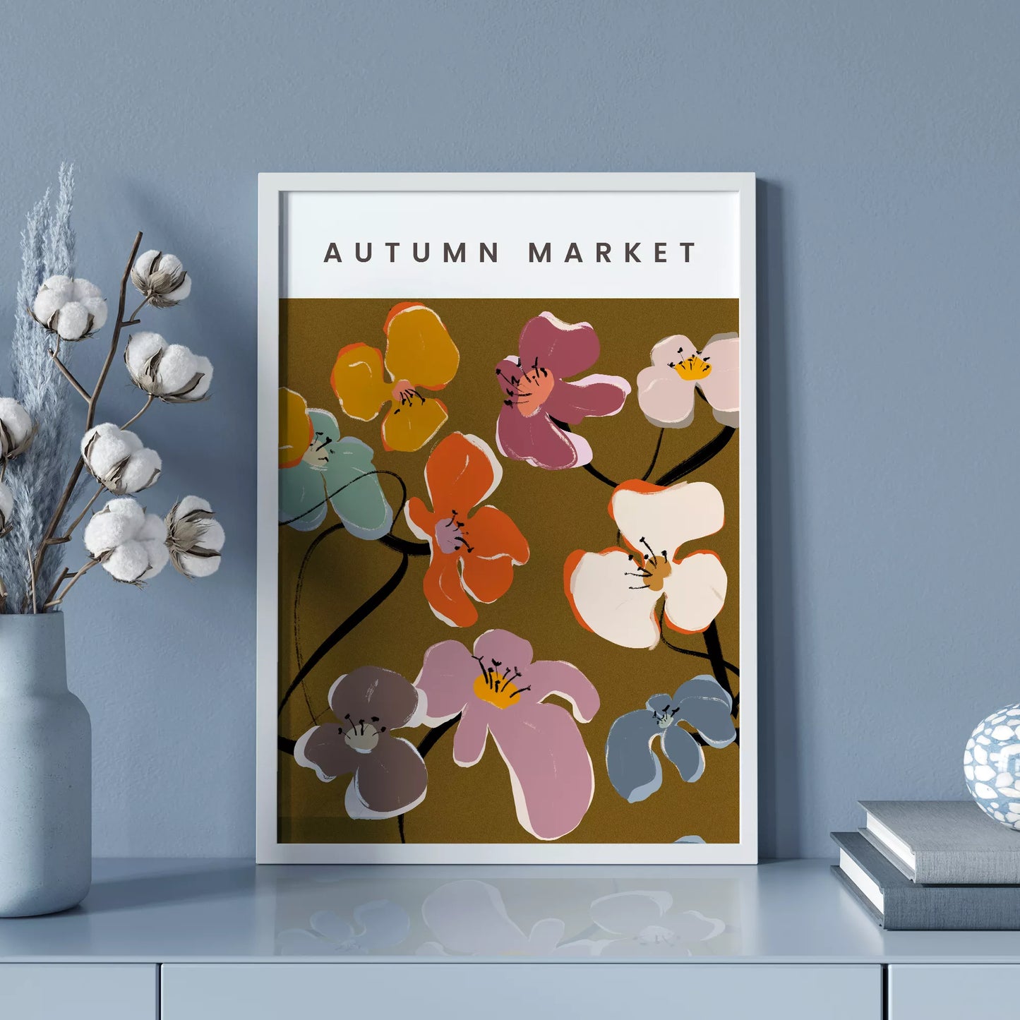 秋の花々アートポスター ブラウン背景にカラフルな花デザイン